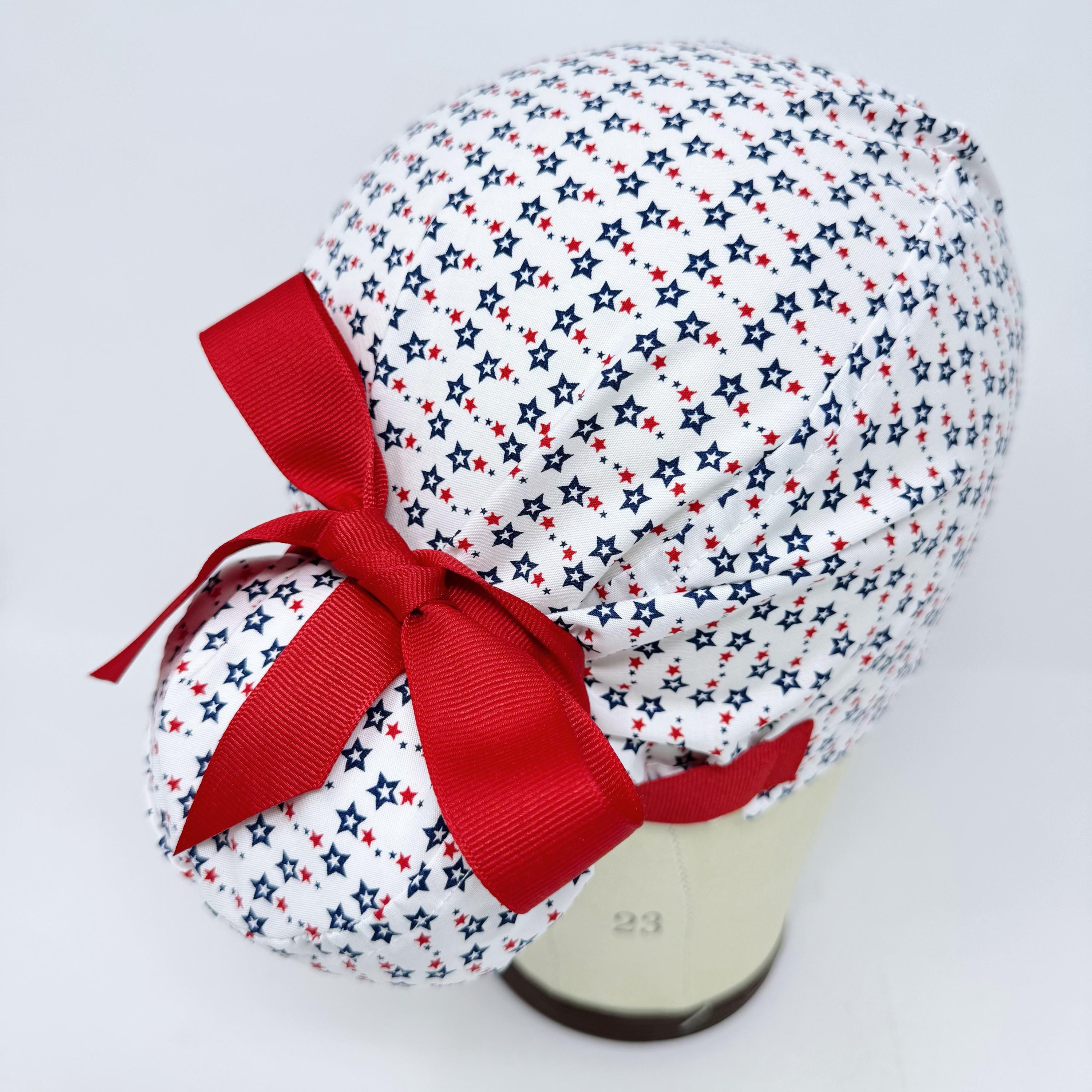 Euro scrub cap with ties for Women. Patriotic Stars European Surgical cap with Satin Lined by Paradise Caps. Euro PLUS style.