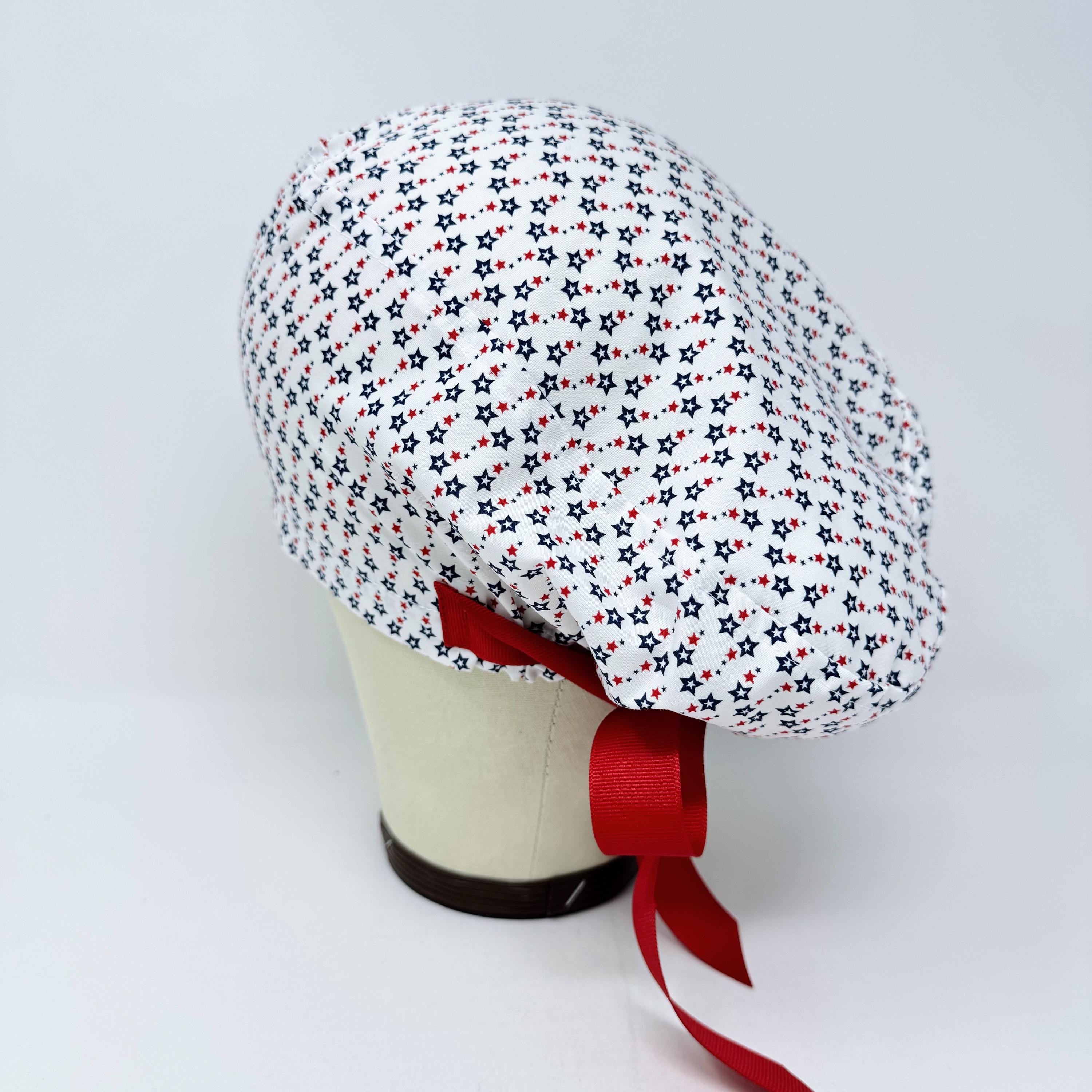 Euro scrub cap with ties for Women. Patriotic Stars European Surgical cap with Satin Lined by Paradise Caps. Euro PLUS style.