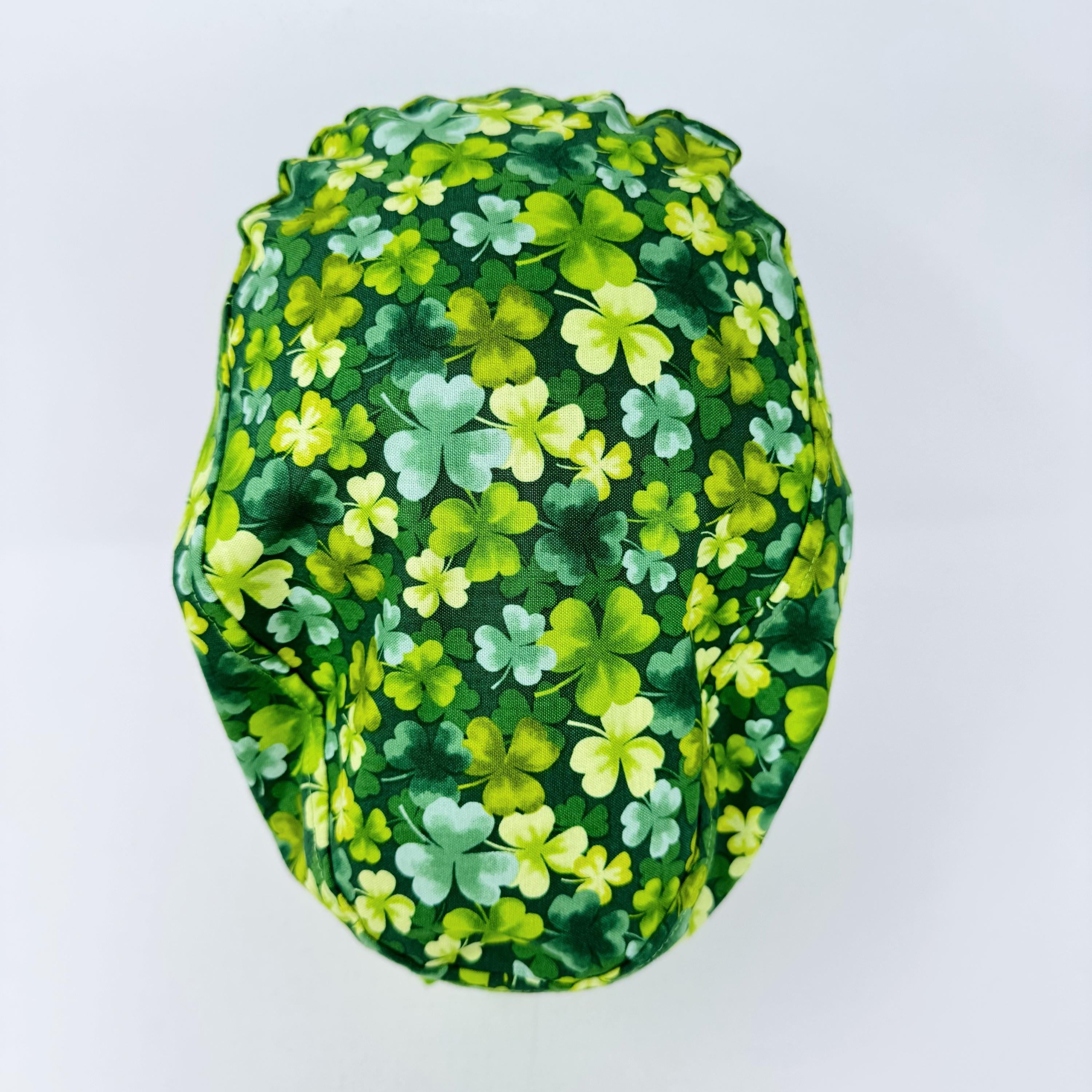 St. Patrick’s Day Euro scrub cap with ties for Women. European Surgical cap with Satin Lined by Paradise Caps. Euro PLUS style.