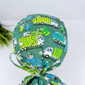 Ponytail scrub cap women. Garbage Truck Raccoon Satin Lined Option Surgical hat with ponytail by Paradise Caps.