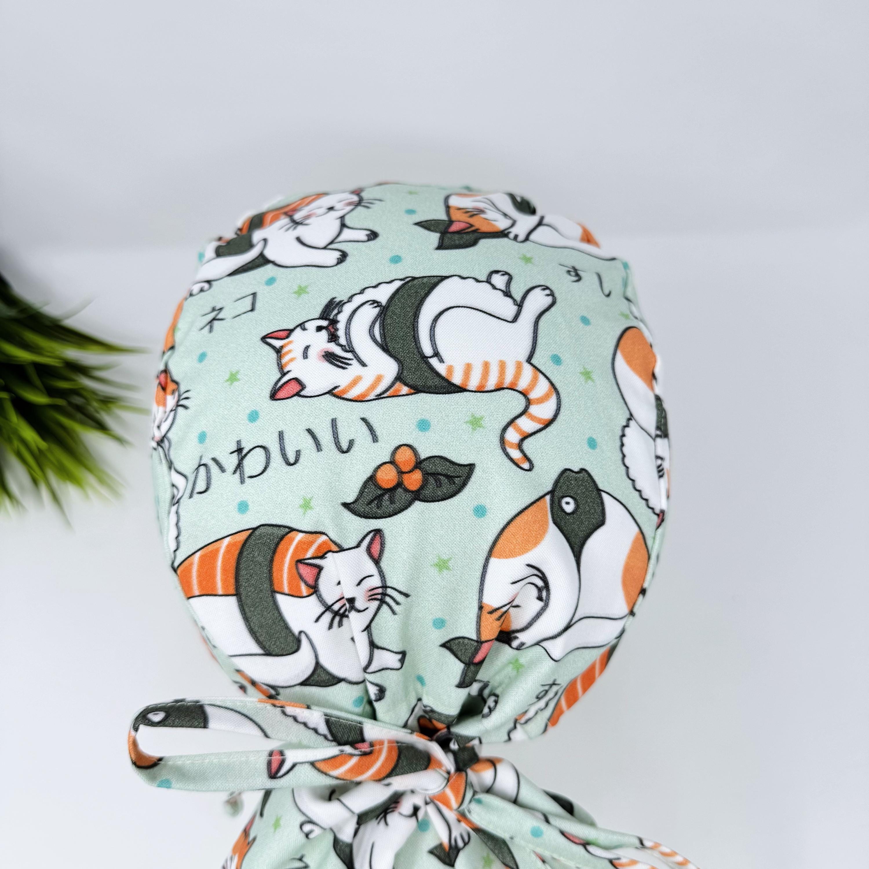 Cat Ponytail scrub cap for women by Paradise Caps. Satin lined Option surgical hat with ponytail.