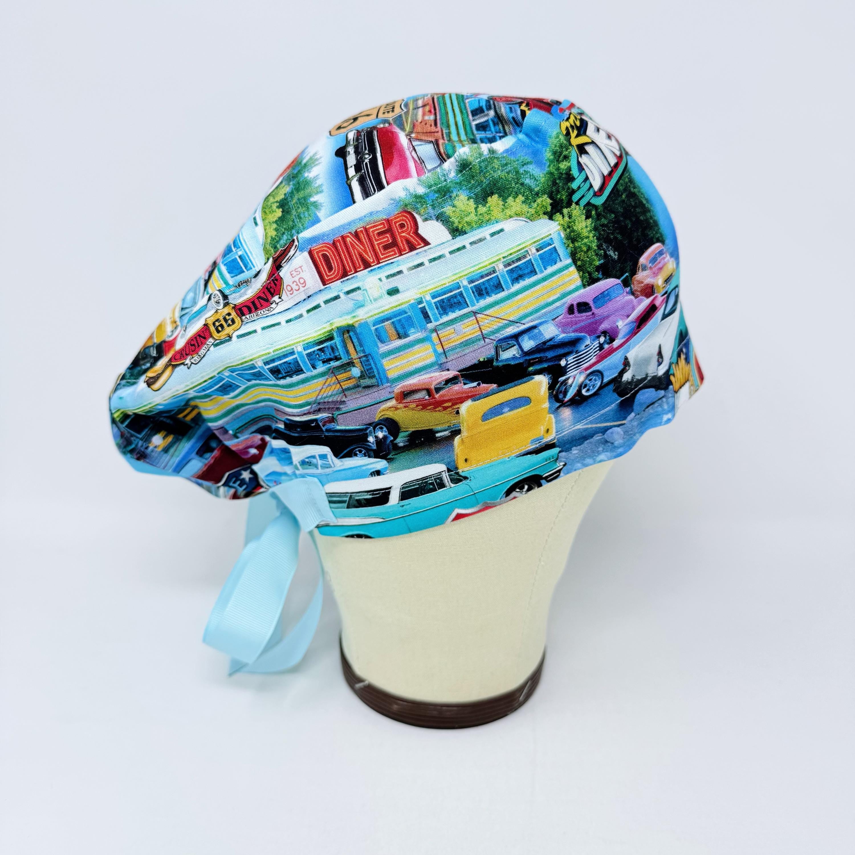 Euro scrub cap with ties for Women. Route 66 Retro Diner European Surgical hat with Satin Lined option by Paradise Caps. Euro PLUS style.