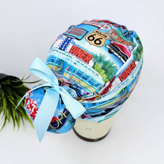 Euro scrub cap with ties for Women. Route 66 Retro Diner European Surgical hat with Satin Lined option by Paradise Caps. Euro PLUS style.