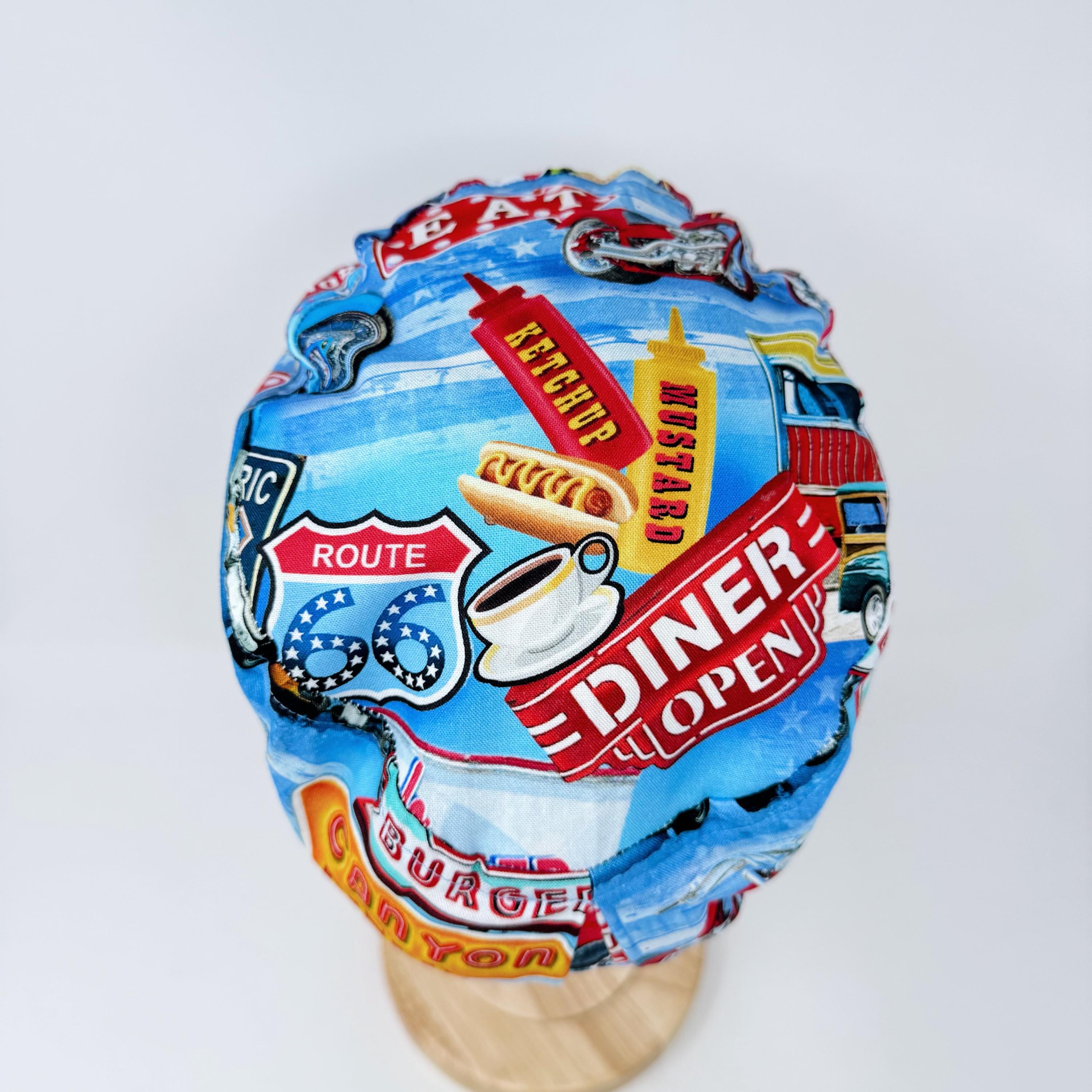 Euro Scrub Cap for Women. Route 66 Retro Diner European Surgical hat Satin Lined option by Paradise Caps.