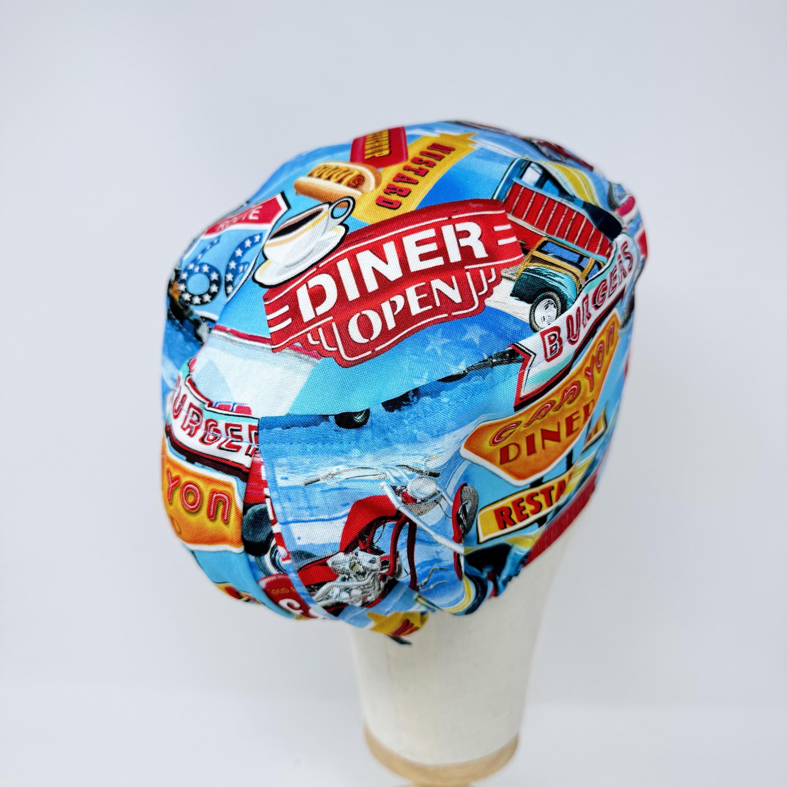 Euro Scrub Cap for Women. Route 66 Retro Diner European Surgical hat Satin Lined option by Paradise Caps.