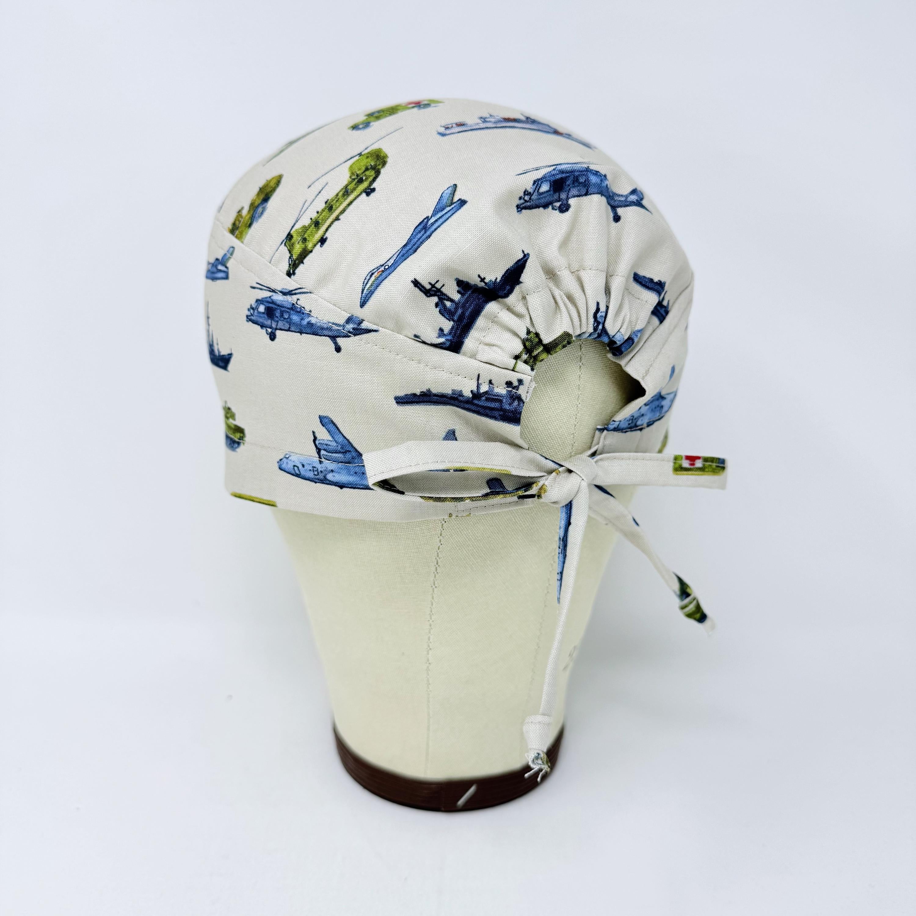 Men's surgical scrub cap. Military Aircraft satin lined option skull tie-back style scrub hat by Paradise Caps.