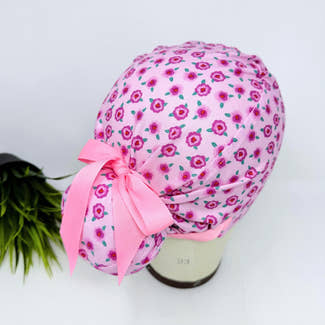 Euro scrub cap with ties for Women. Pink Floral European Surgical hat with Satin Lined option by Paradise Caps. Euro PLUS style.