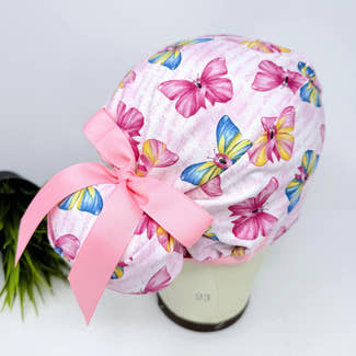 Pink Ribbon Euro scrub cap with ties for Women, Breast Cancer European Surgical cap with Satin Lined Option by Paradise Caps Euro PLUS style