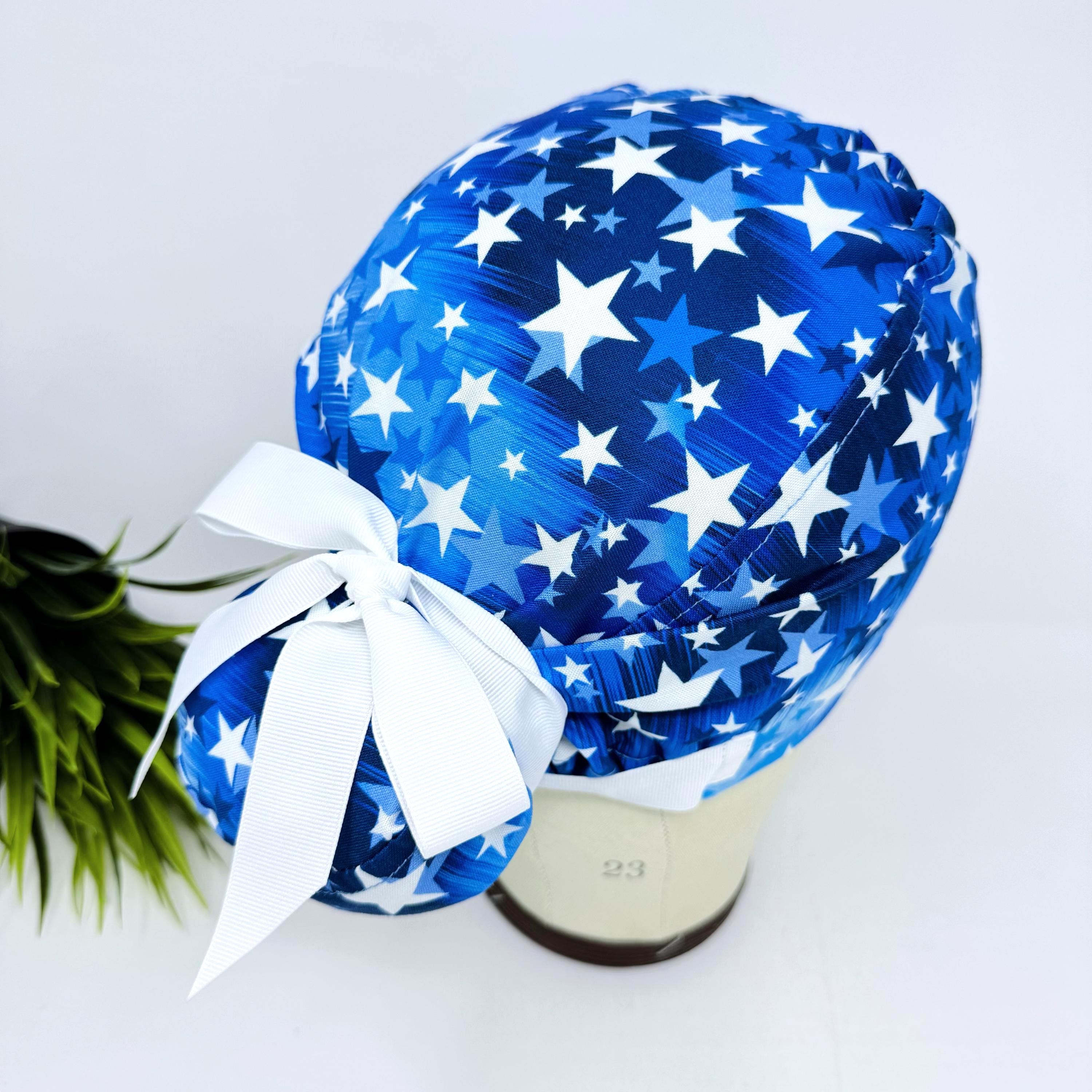 4th of July Euro scrub cap with ties for Women by Paradise Caps. Euro PLUS style.