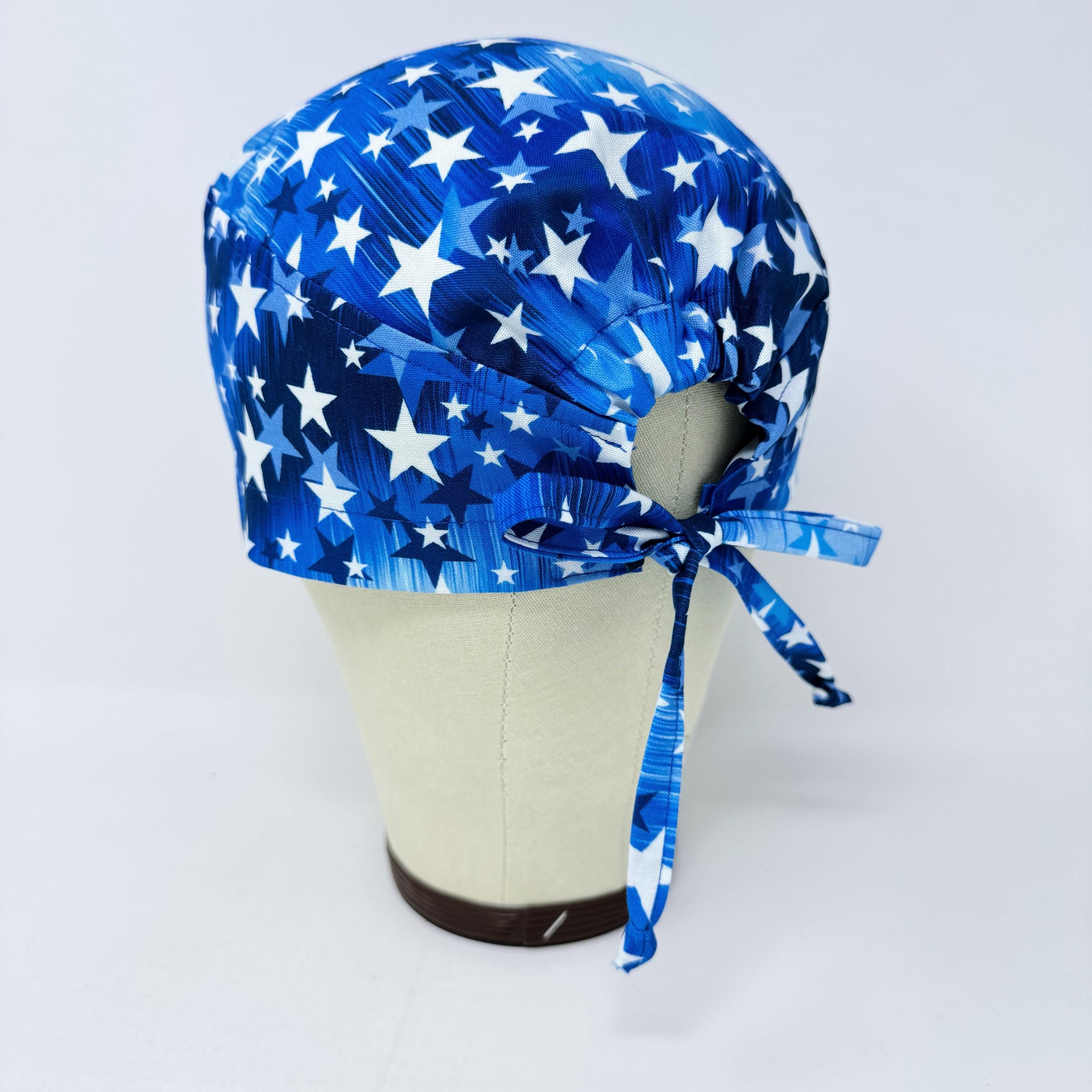 Surgical scrub cap for men. Blue Star tie back scrub hat with satin lined by Paradise Caps.