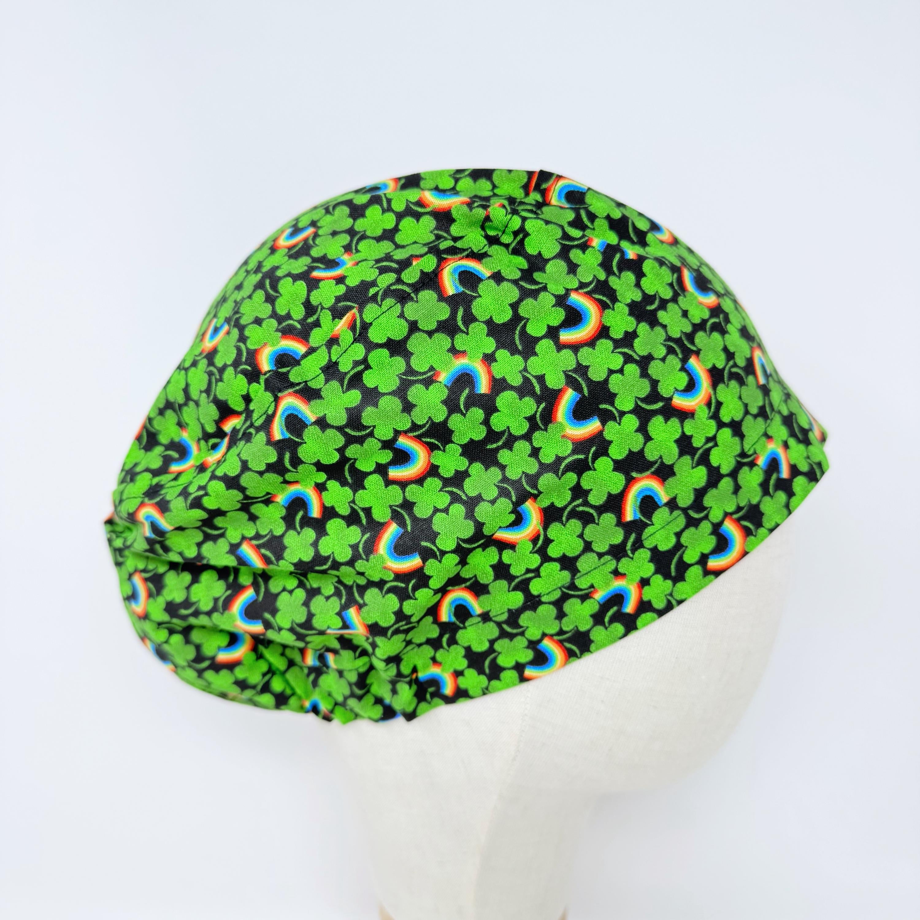 Euro scrub cap for women. Lucky Rainbow European satin lined surgical hat by Paradise Caps. Shamrock - print.