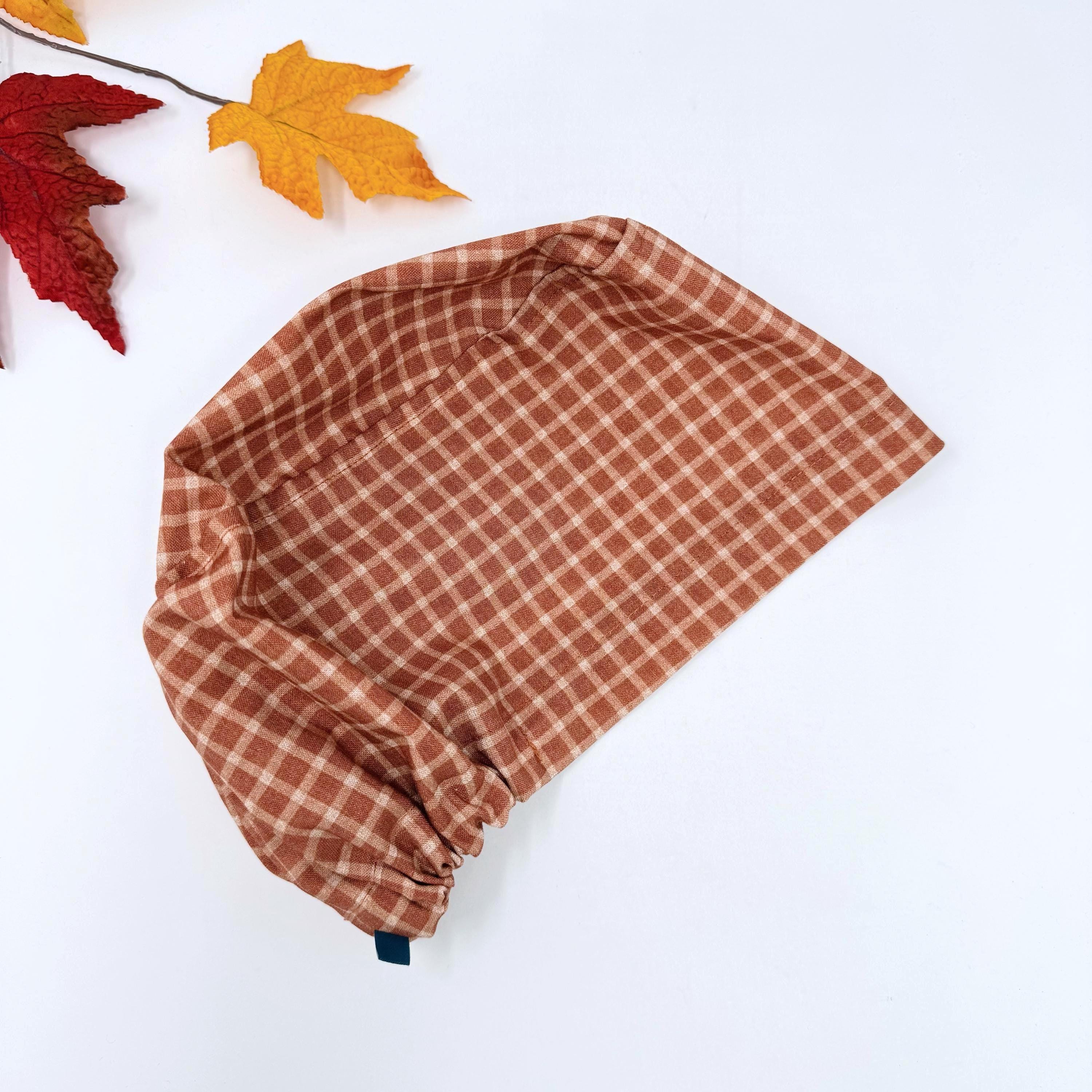 Fall Euro scrub cap for women. Plaid European satin lined surgical cap by Paradise Caps.