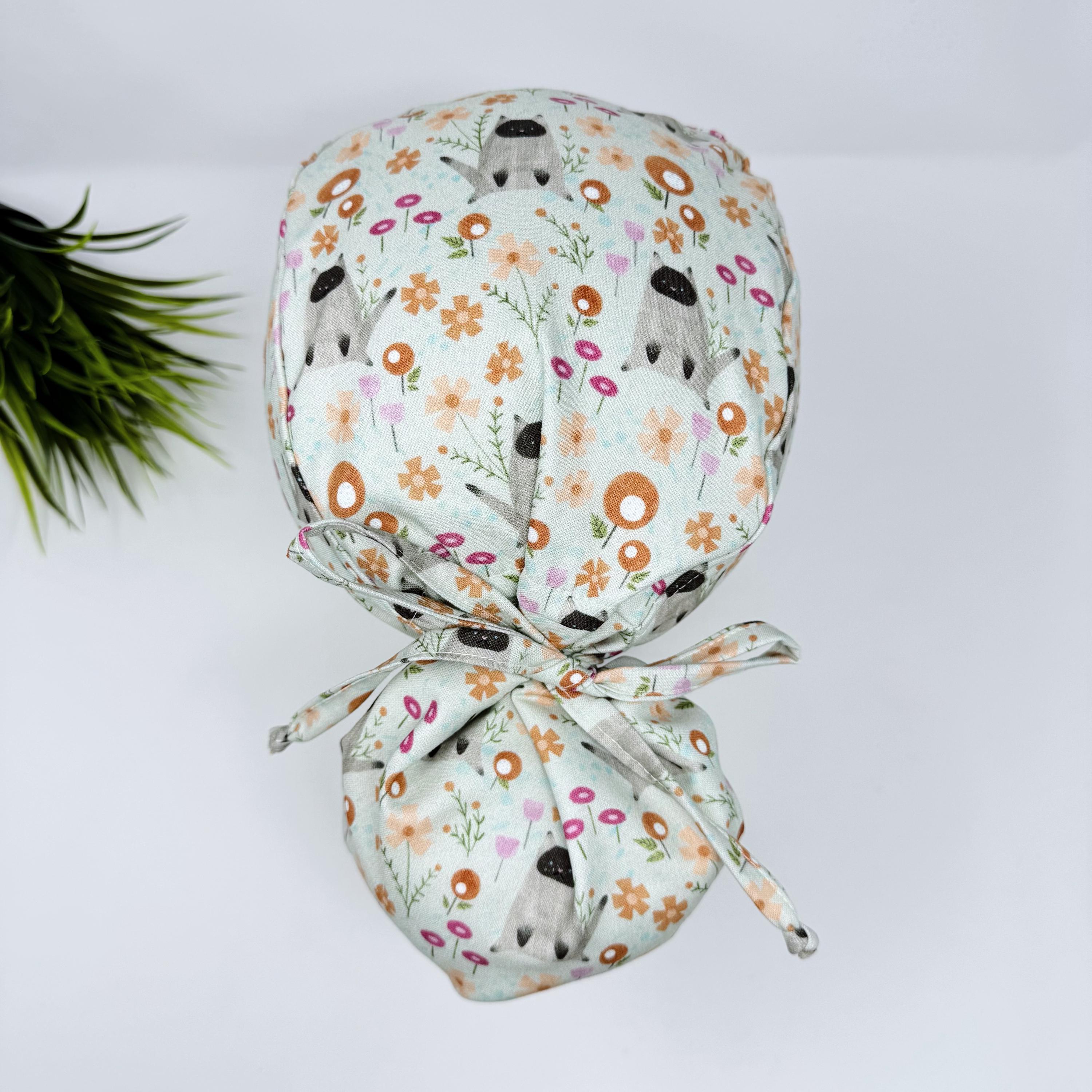 Cat Ponytail scrub cap by ParadiseCaps. Surgical cap for women with satin lined option. Funny scrub hat for women.