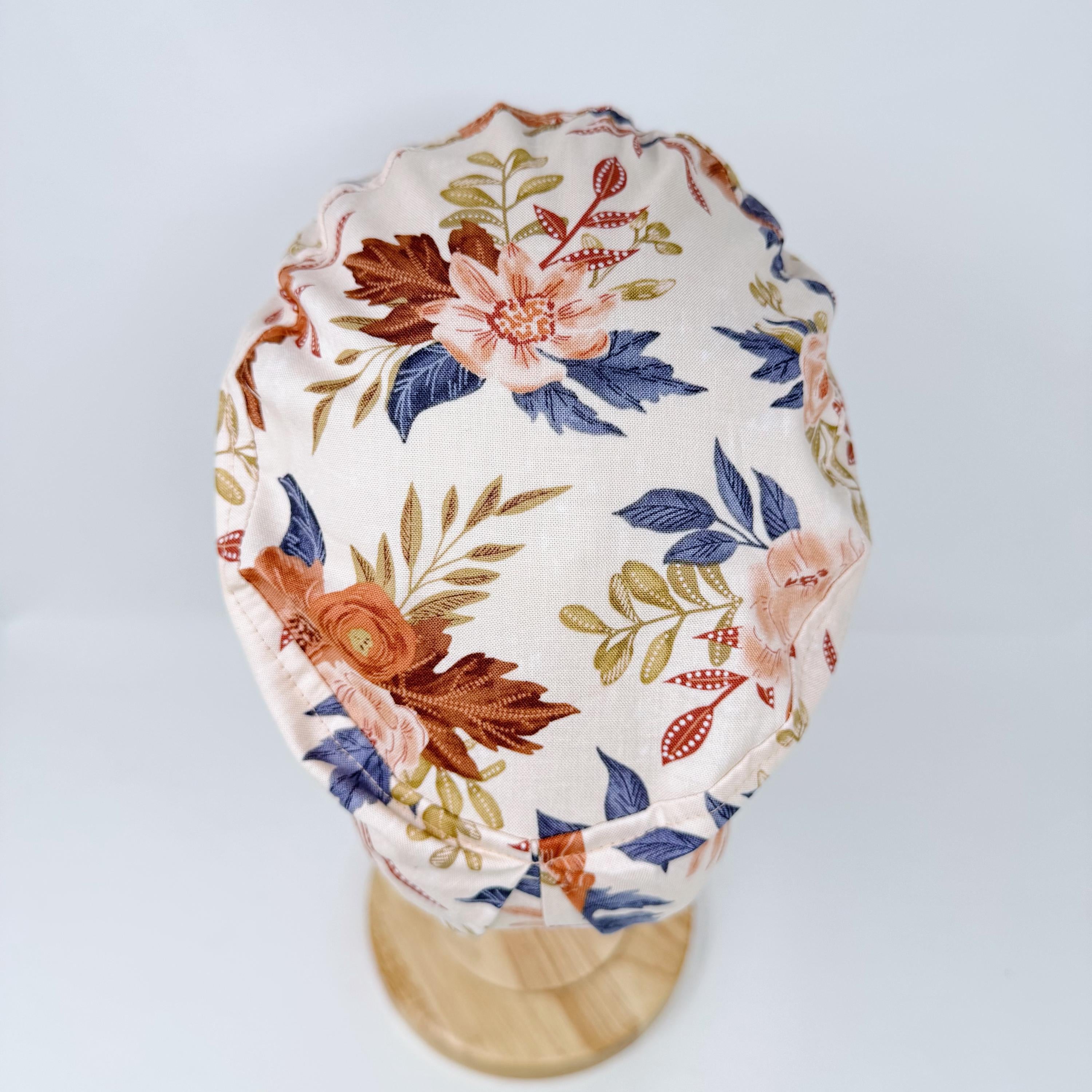 Floral Euro scrub cap for women. Fall European satin lined surgical cap by Paradise Caps.