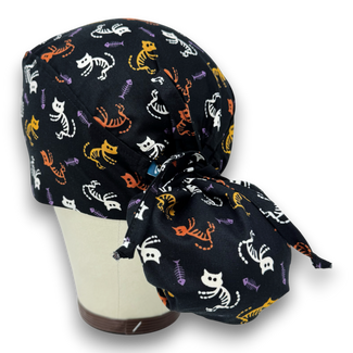 Skeleton Cat Ponytail scrub cap for women with satin lined option by Paradise Caps.