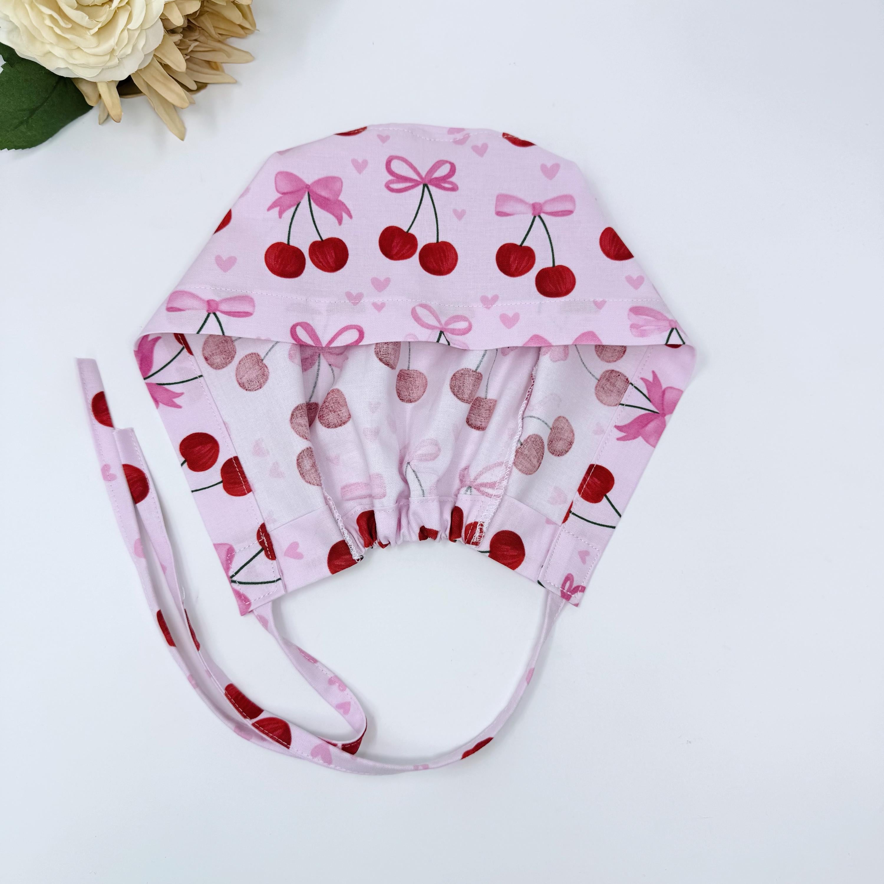 Valentine's day scrub Cap men. Cherries surgical hat. Men's skull tie-back style by Paradise Caps.