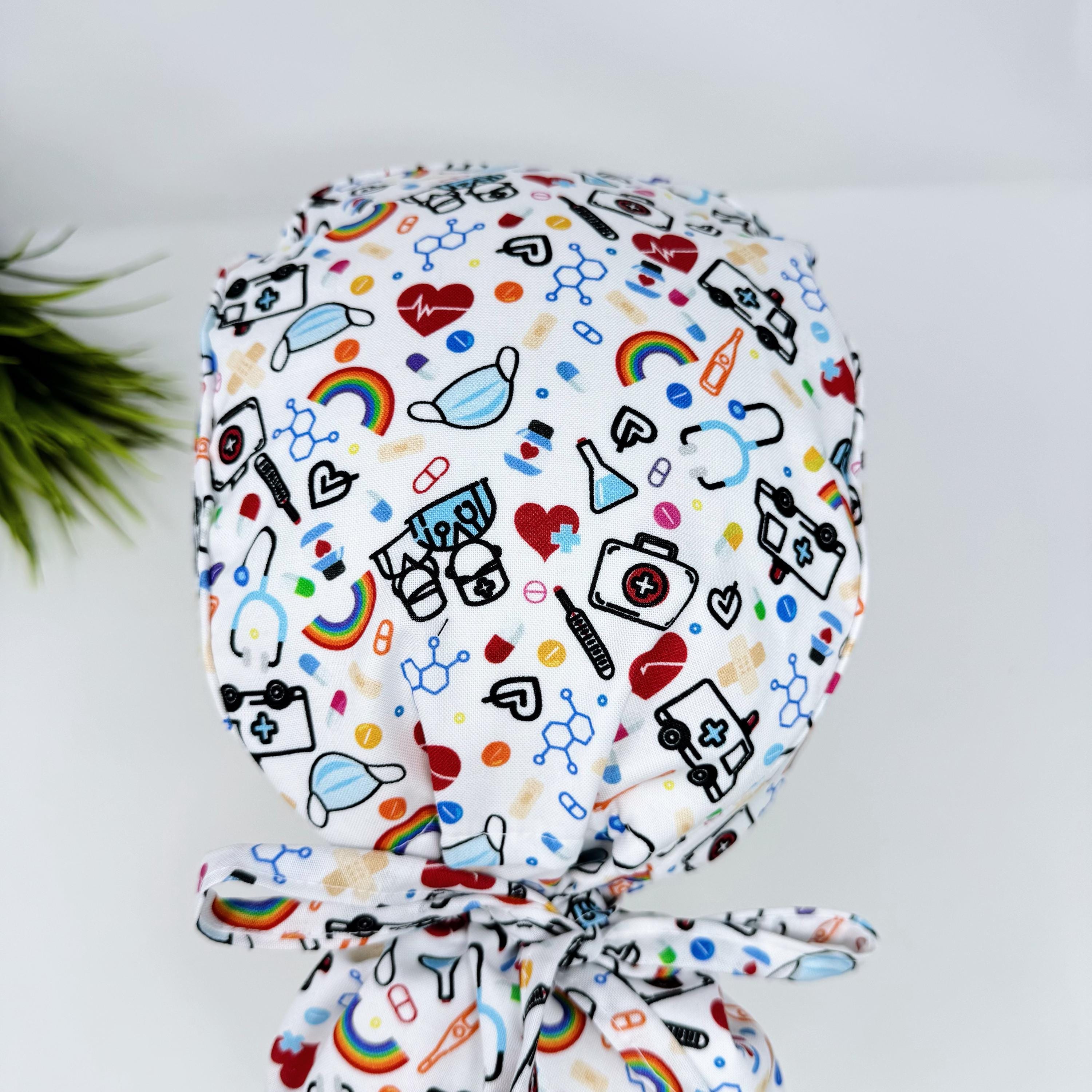 Medical Ponytail scrub cap for women. Satin lined option surgical cap with ponytail by Paradise Caps.