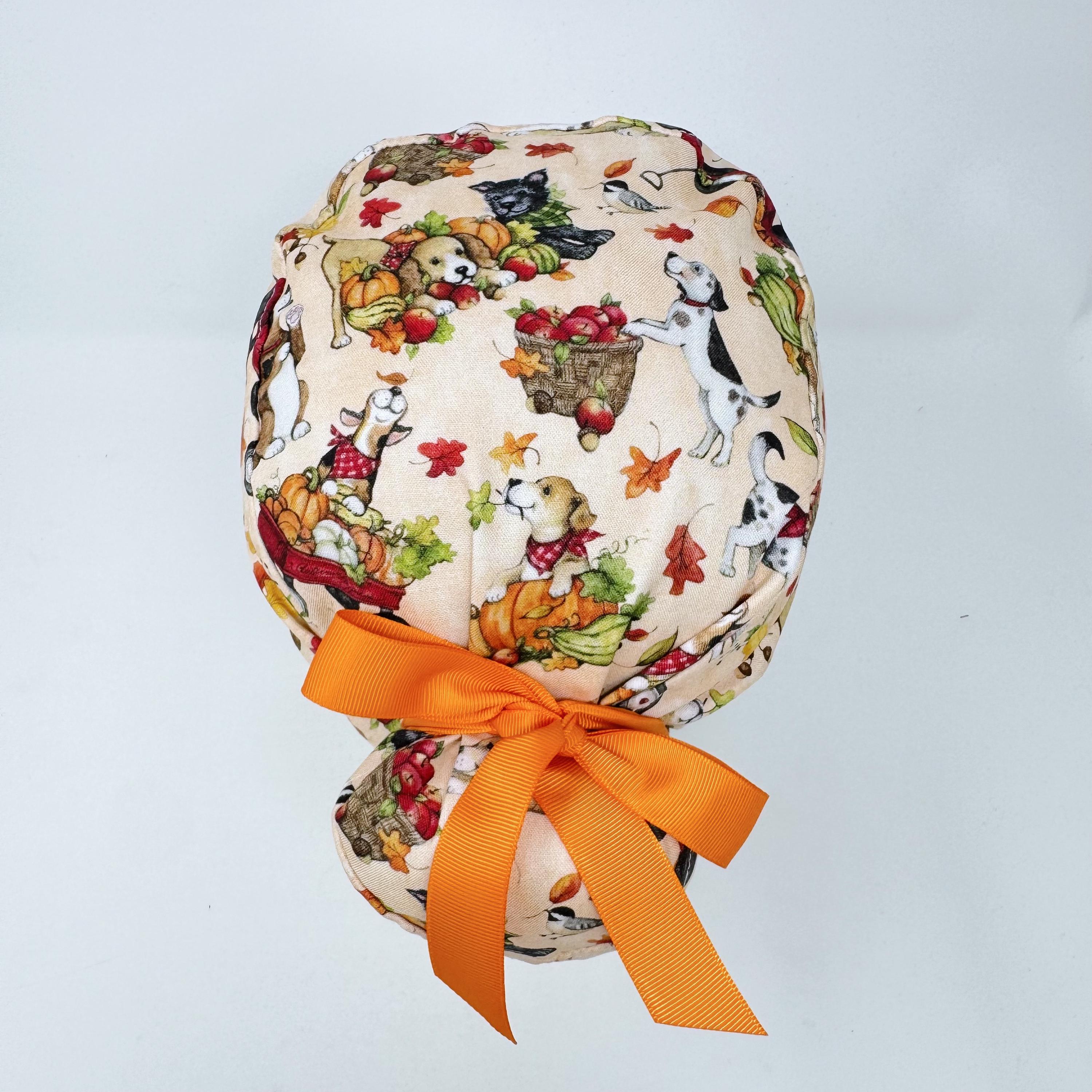 Pumpkin Euro scrub cap with ties for Women, Dog European Surgical cap with Satin Lined Option by Paradise Caps. Thanksgiving Euro PLUS style