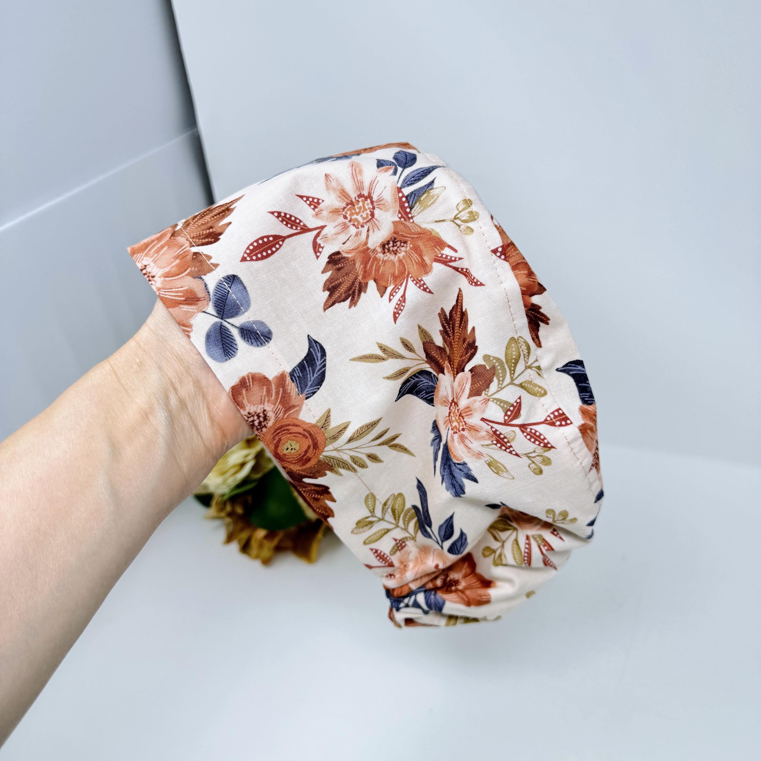 Floral Euro scrub cap for women. Fall European satin lined surgical cap by Paradise Caps.