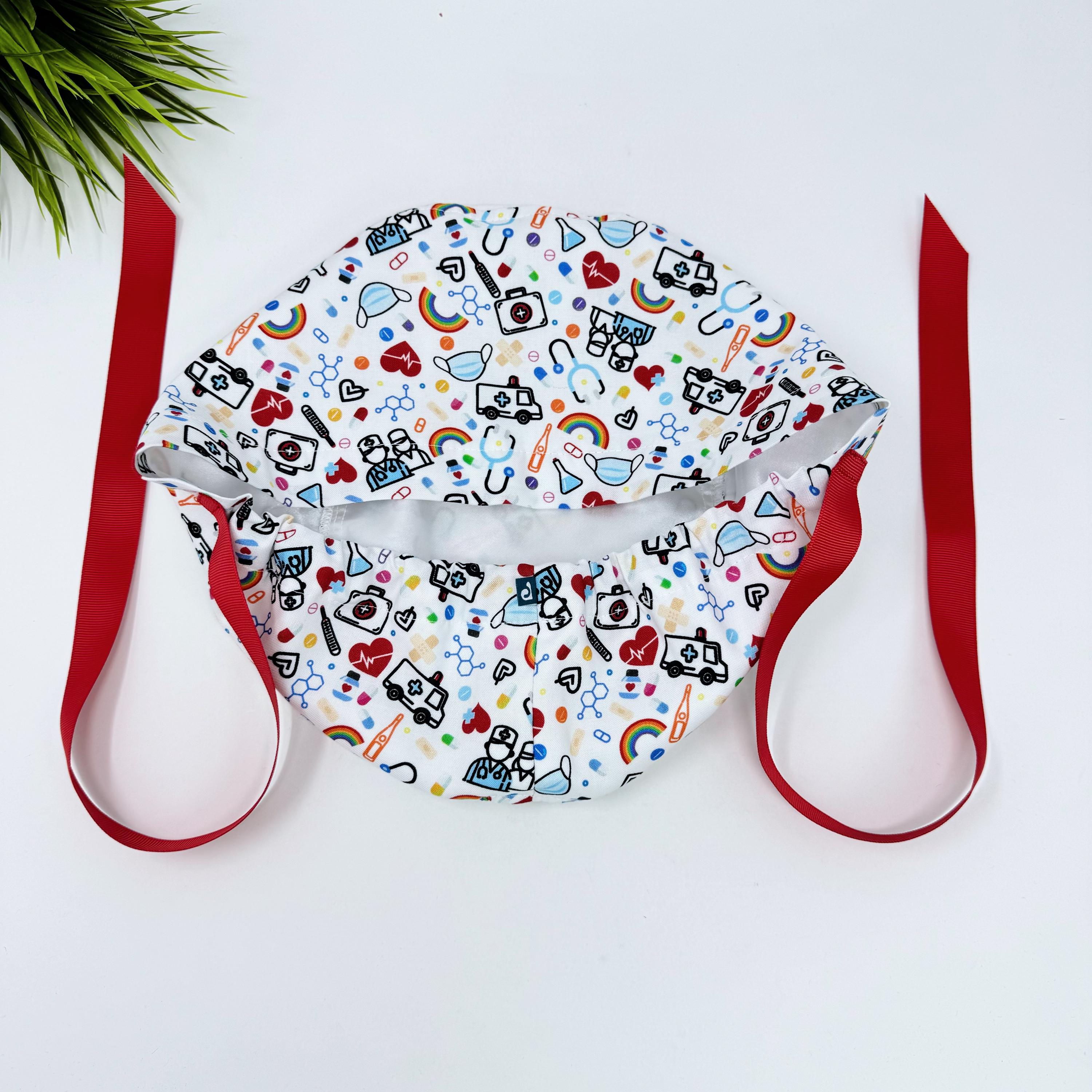 Medical Euro scrub cap with ties for Women, Pink European Surgical cap with Satin Lined by Paradise Caps. Euro PLUS style.