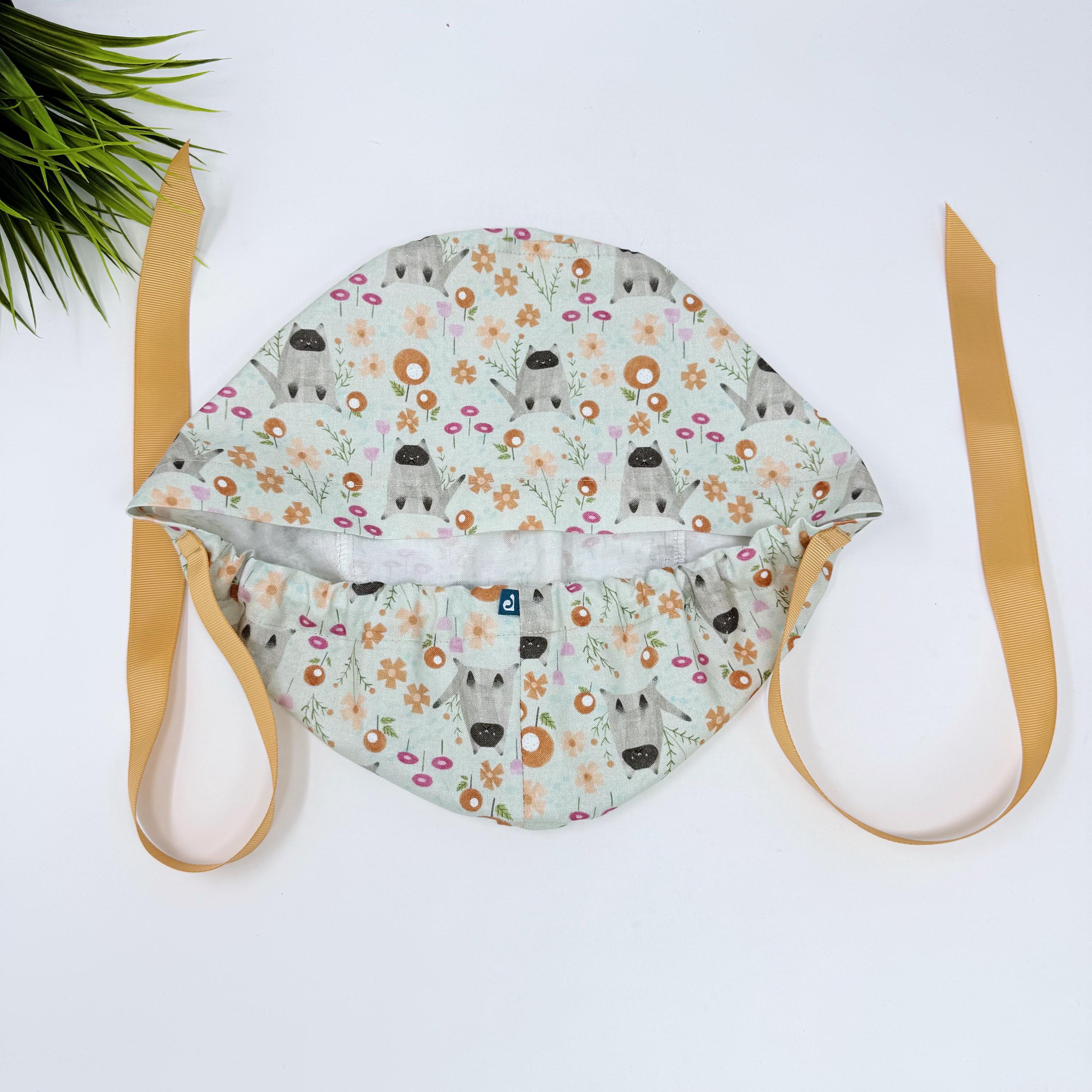 Cat Euro scrub cap with ties for Women, Summer European Surgical cap with Satin Lined Option by Paradise Caps. Euro PLUS style.