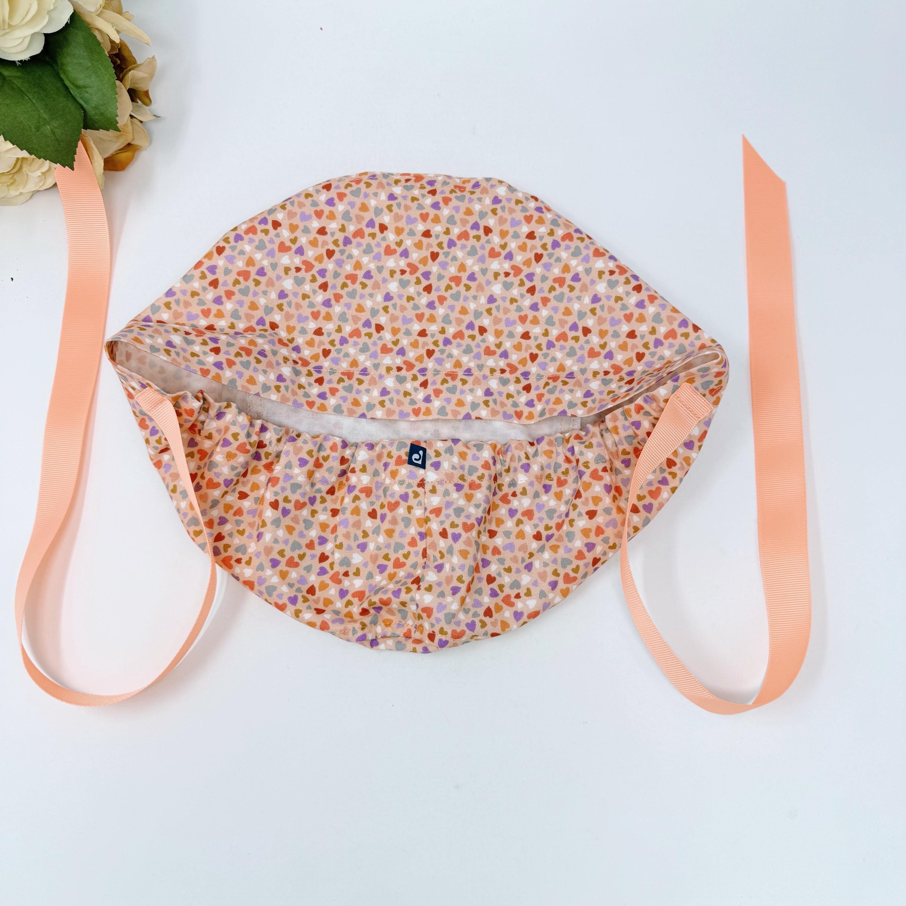 Colorful Hearts Euro scrub cap with ties for Women, Pink European Surgical cap with Satin Lined by Paradise Caps.
