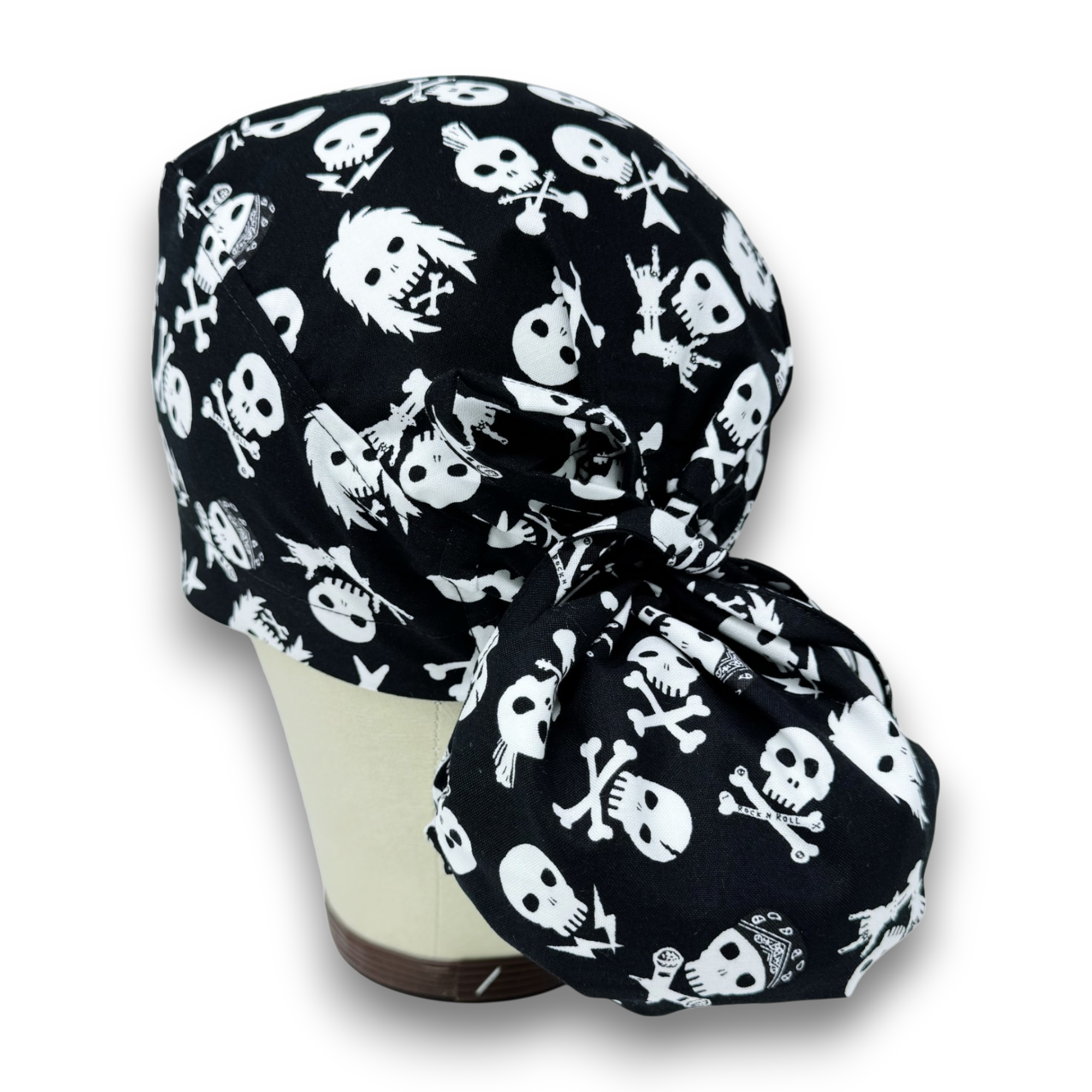 Skull Ponytail scrub cap for women with satin lined option by Paradise Caps.