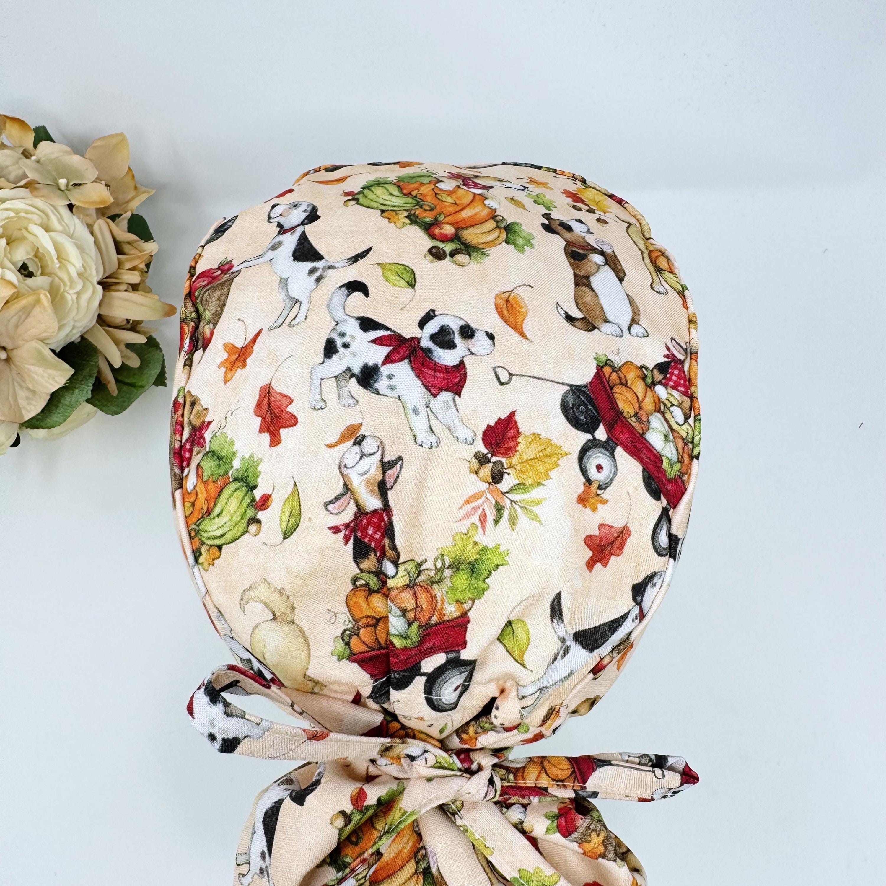 Pumpkin Ponytail scrub cap for women. Thanksgiving dog Satin Lined Option Surgical cap with ponytail by Paradise Caps.