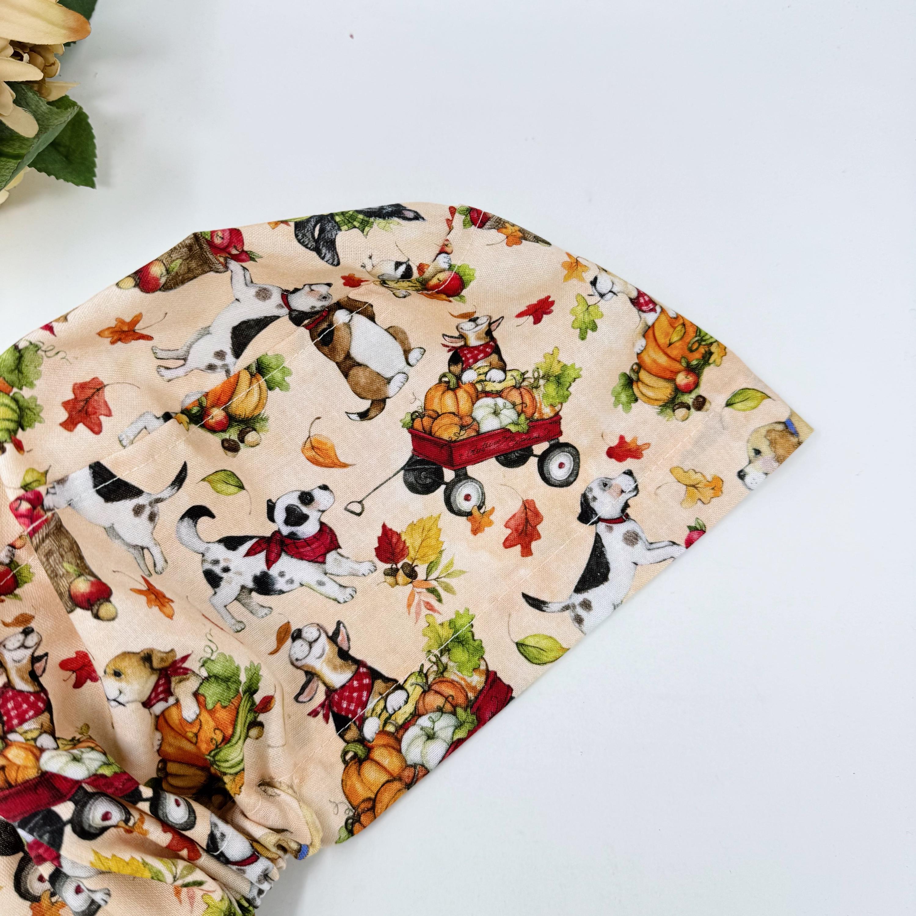 Pumpkin Euro scrub cap for women. Thanksgiving dog European satin lined surgical cap by Paradise Caps.