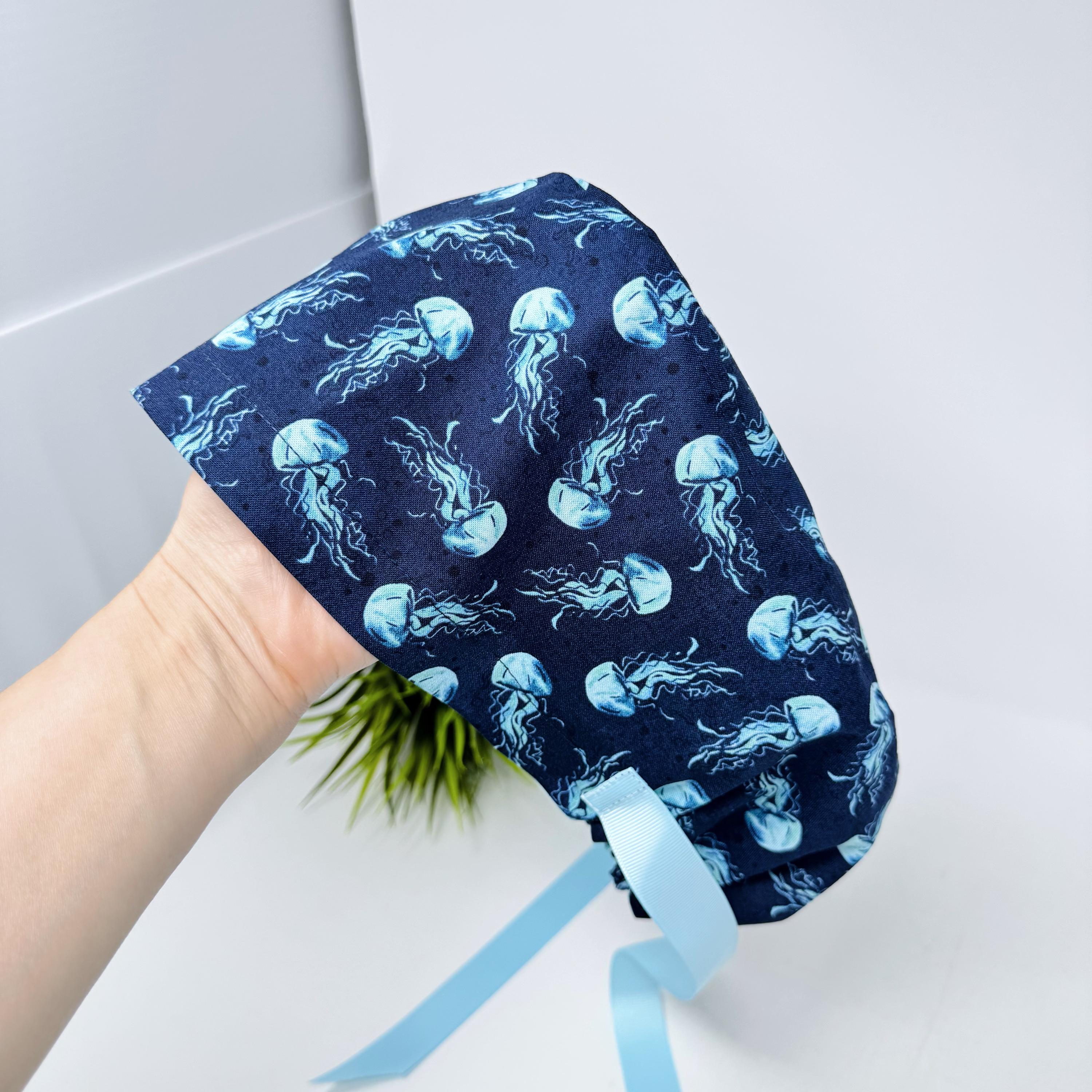 Jellyfish Euro scrub cap with ties for women. Navy Blue Ocean Print European satin lined surgical cap by Paradise Caps. Euro PLUS style.