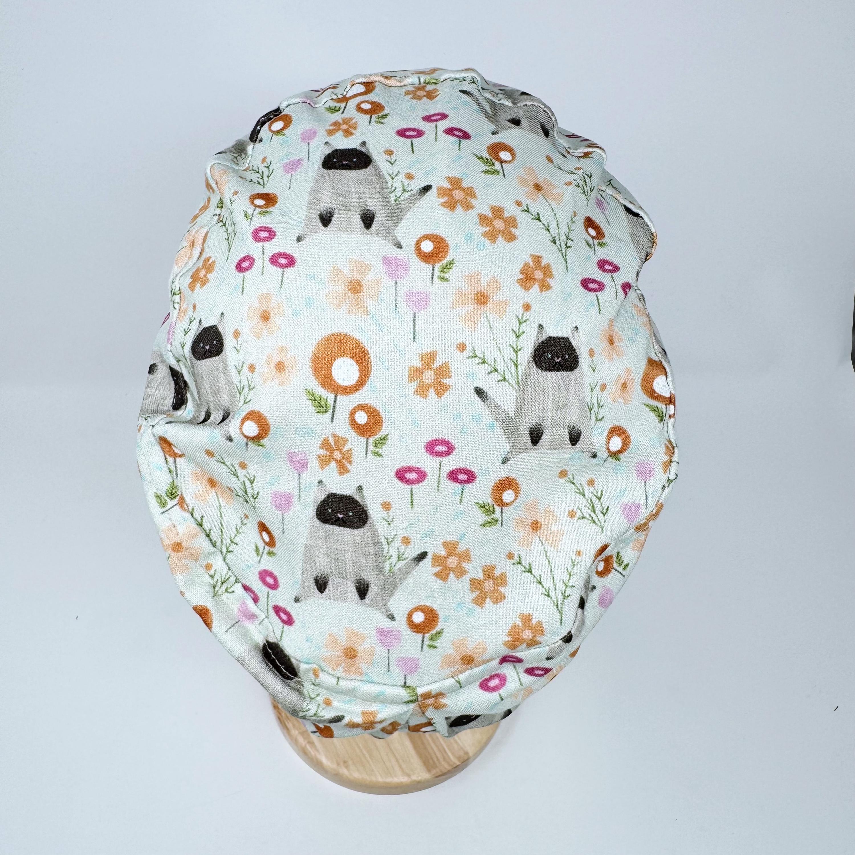 Cat Euro scrub cap for women, Summer surgical cap with satin lined by Paradise Caps.
