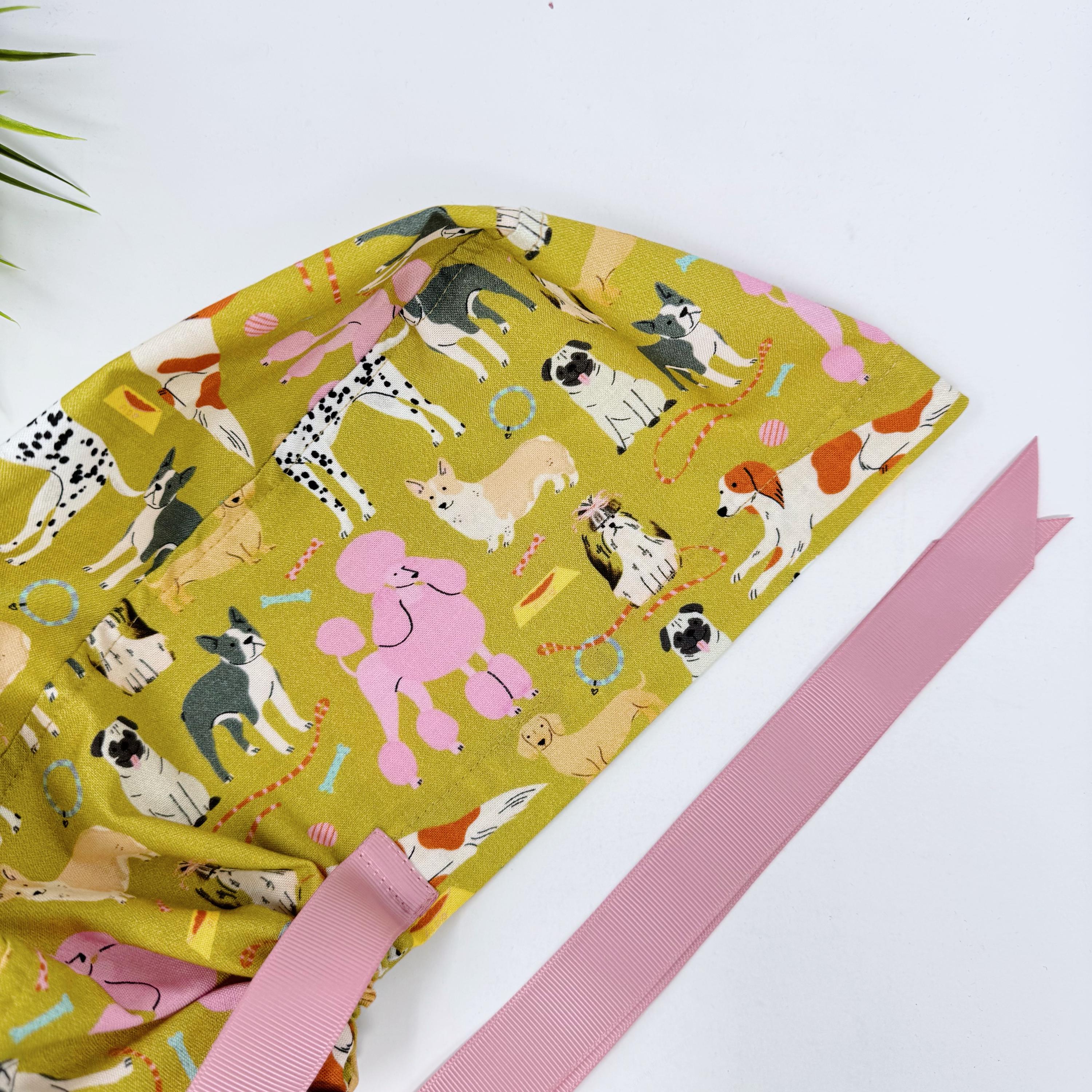 Dog Euro scrub cap with ties for Women, Funny European Surgical cap with Satin Lined Option by Paradise Caps. Euro PLUS style.