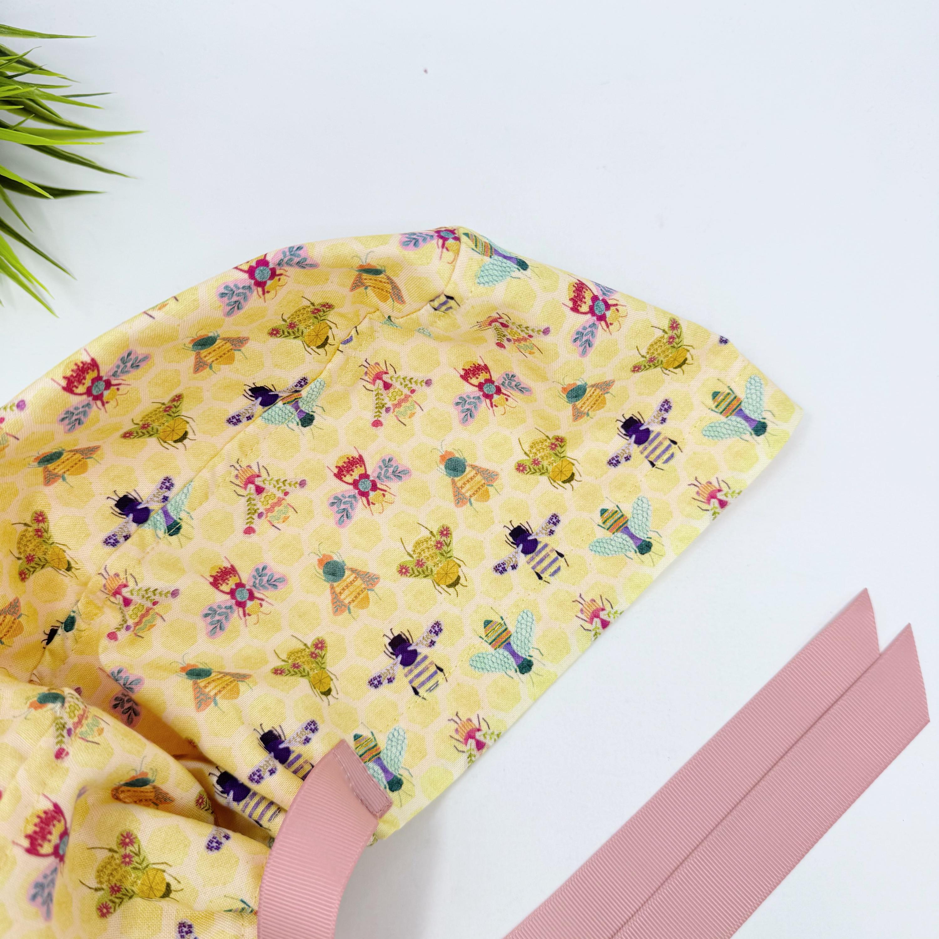 Bee Euro scrub cap with ties for Women, Yellow European Surgical cap with Satin Lined Option by Paradise Caps. Euro PLUS style.