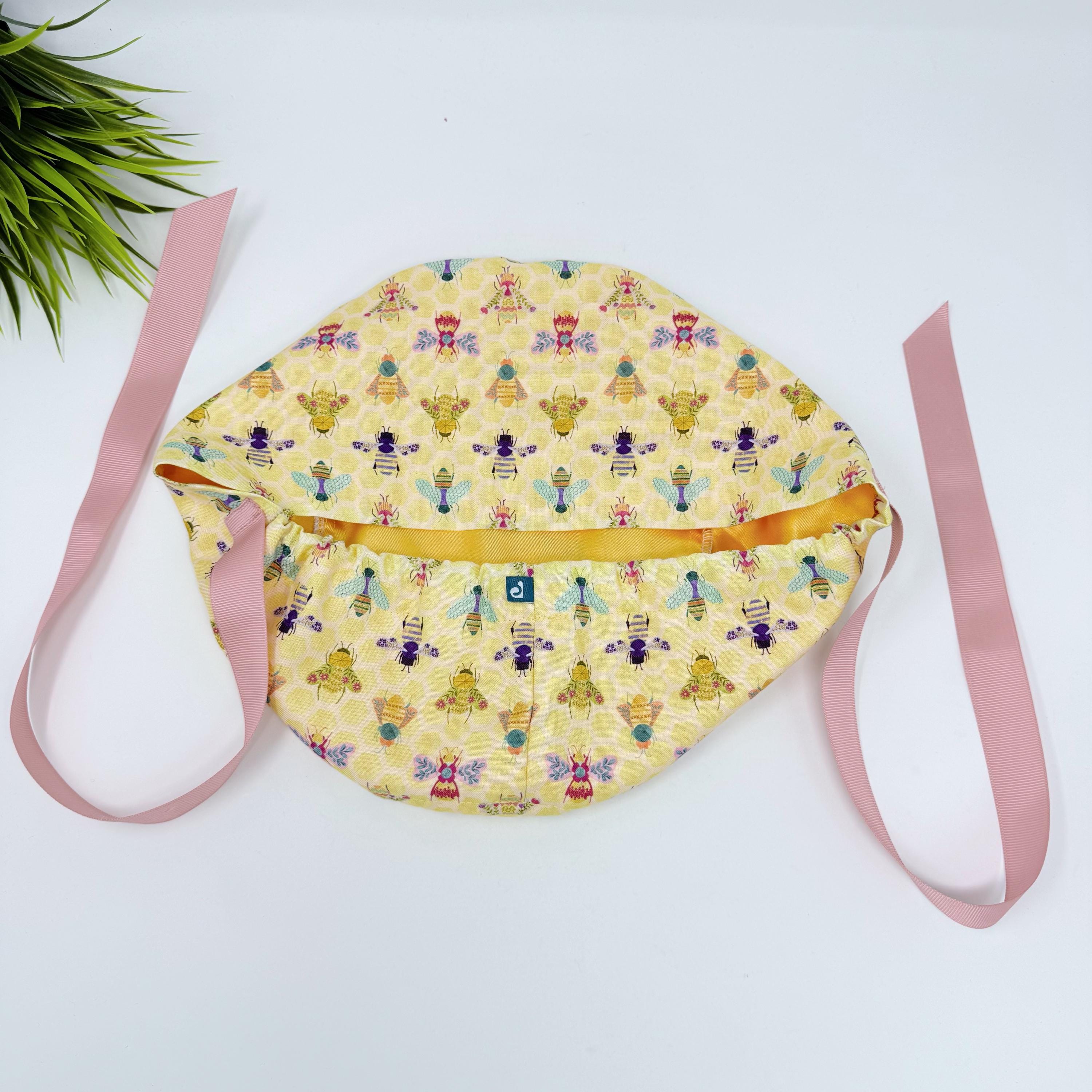 Bee Euro scrub cap with ties for Women, Yellow European Surgical cap with Satin Lined Option by Paradise Caps. Euro PLUS style.