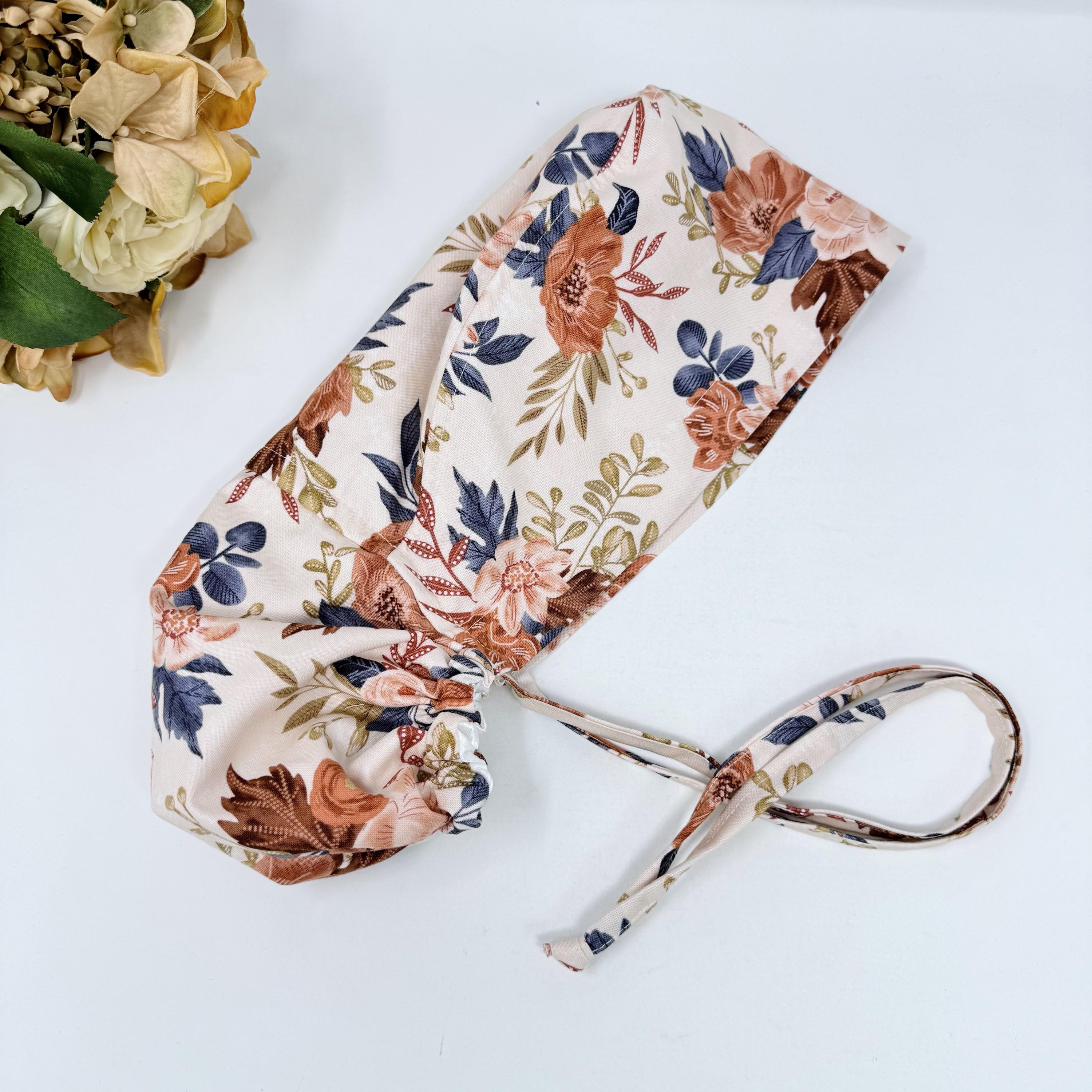 Floral Ponytail scrub cap for women. Thanksgiving Surgical hat. Fall Surgical cap with Satin Lined Option by Paradise Caps.