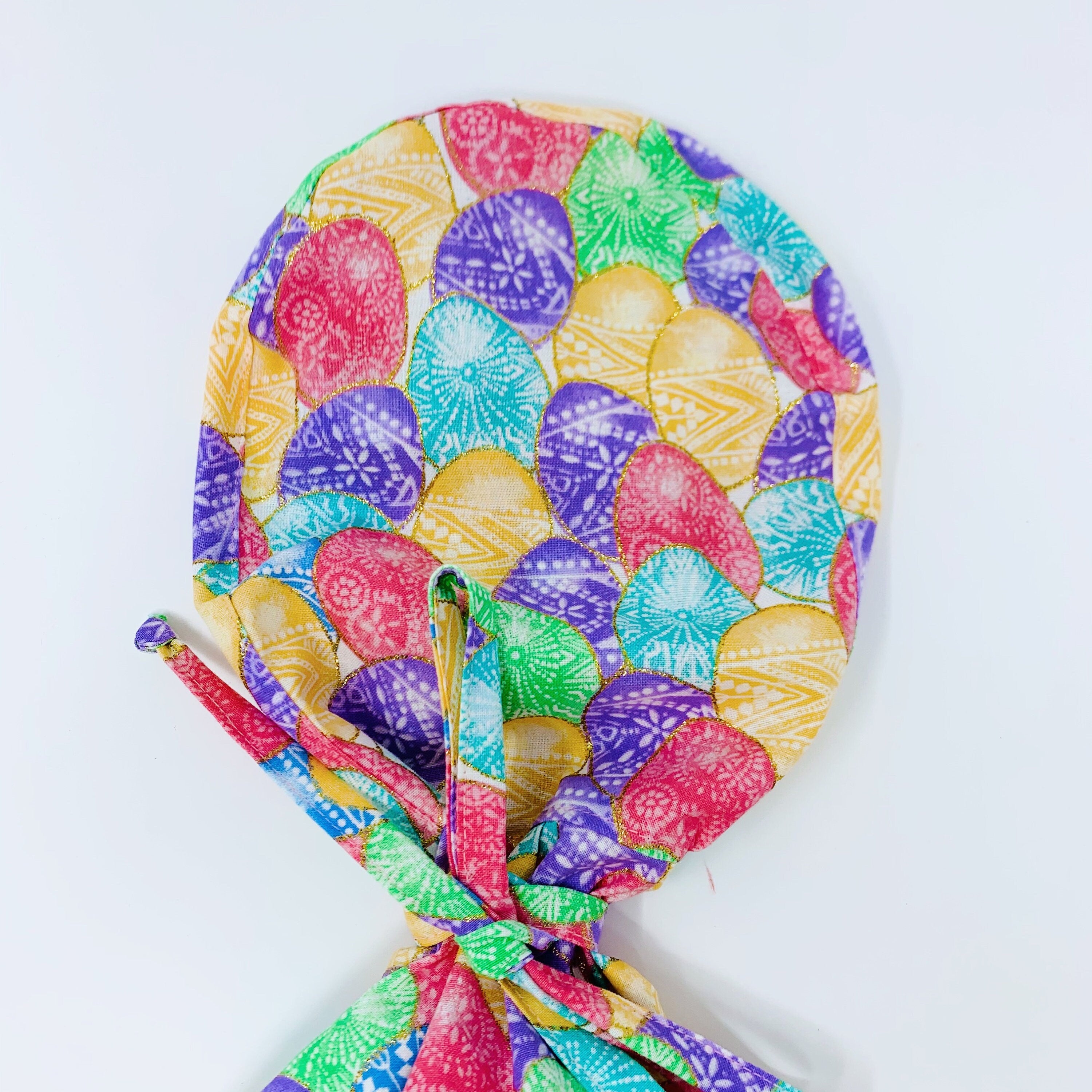 Easter Eggs Ponytail scrub cap for women with satin lined option by Paradise Caps.