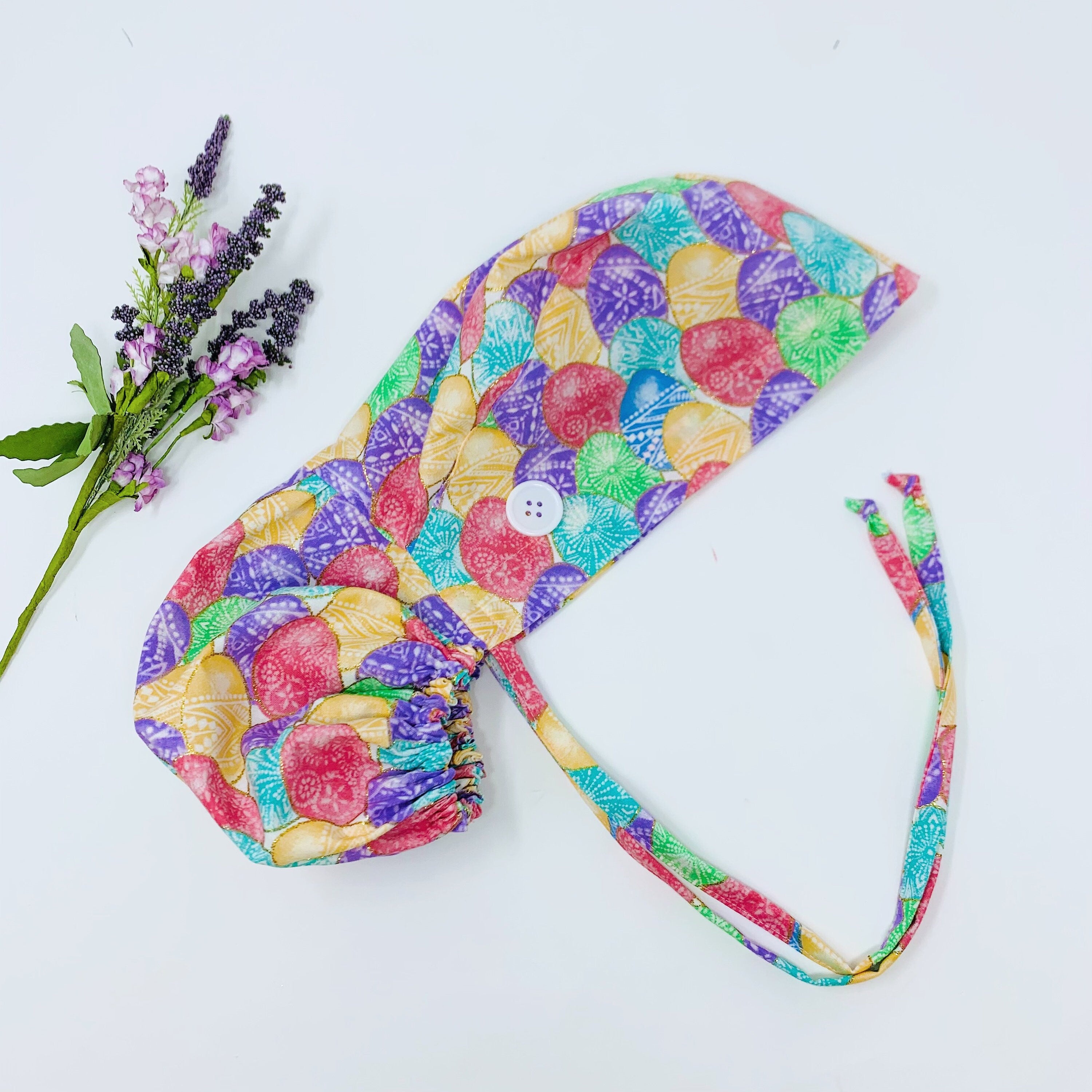 Easter Eggs Ponytail scrub cap for women with satin lined option by Paradise Caps.