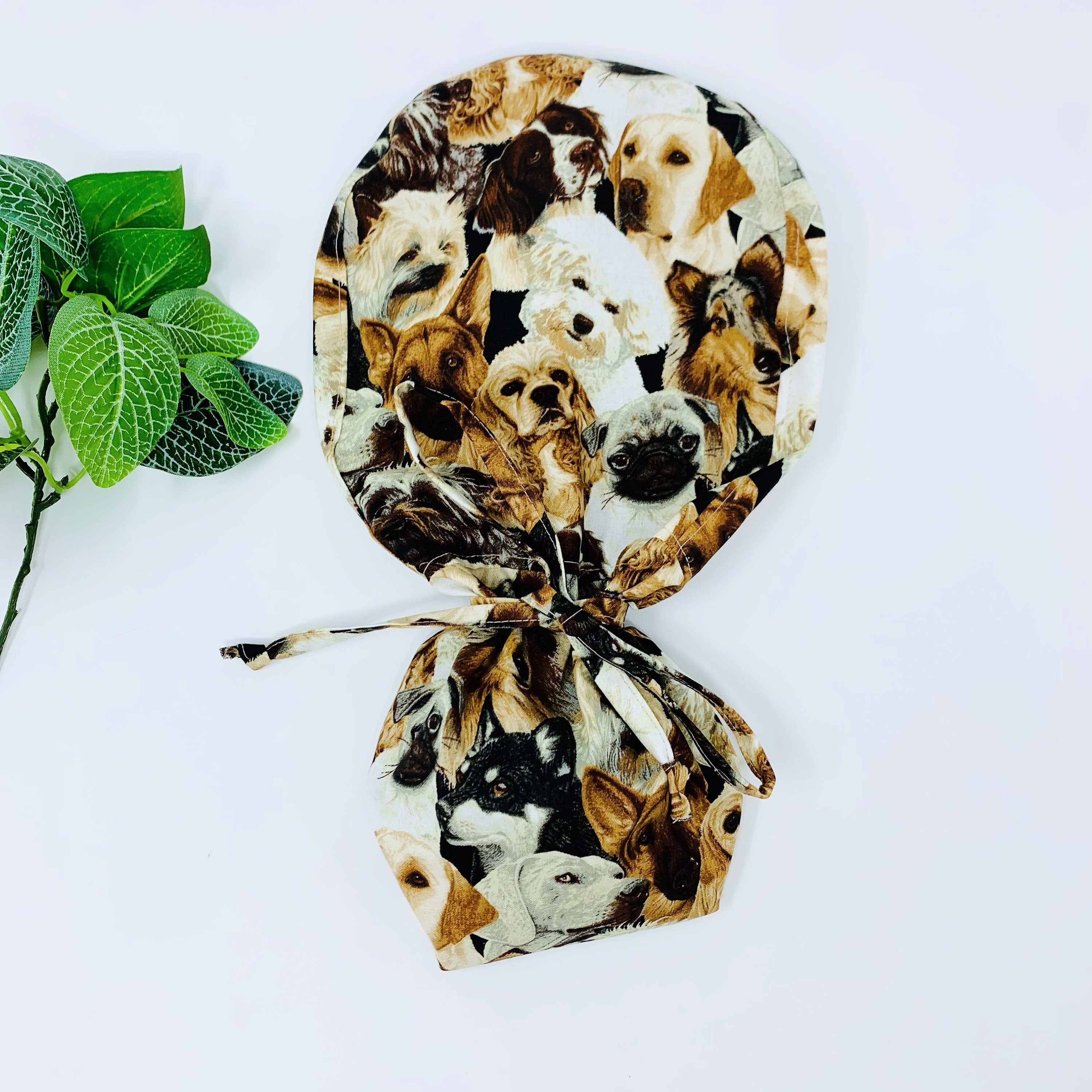 Dogs Ponytail scrub cap for women with satin lined option by Paradise Caps.