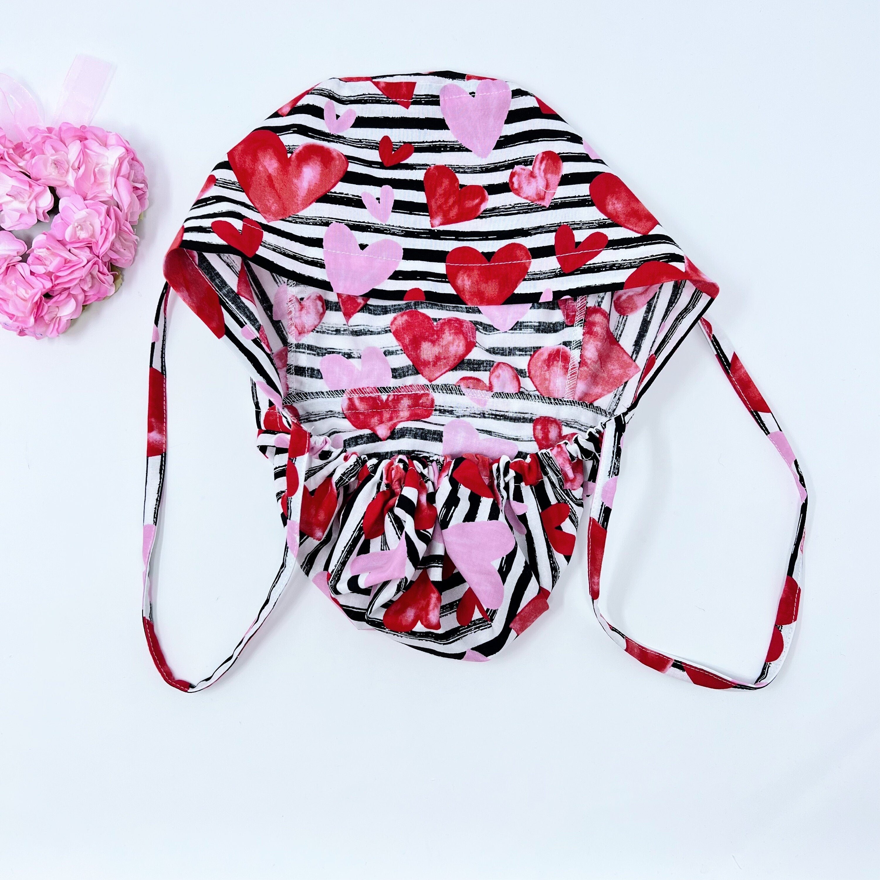 Valentine's day Ponytail scrub cap for women with satin lined option by Paradise Caps.