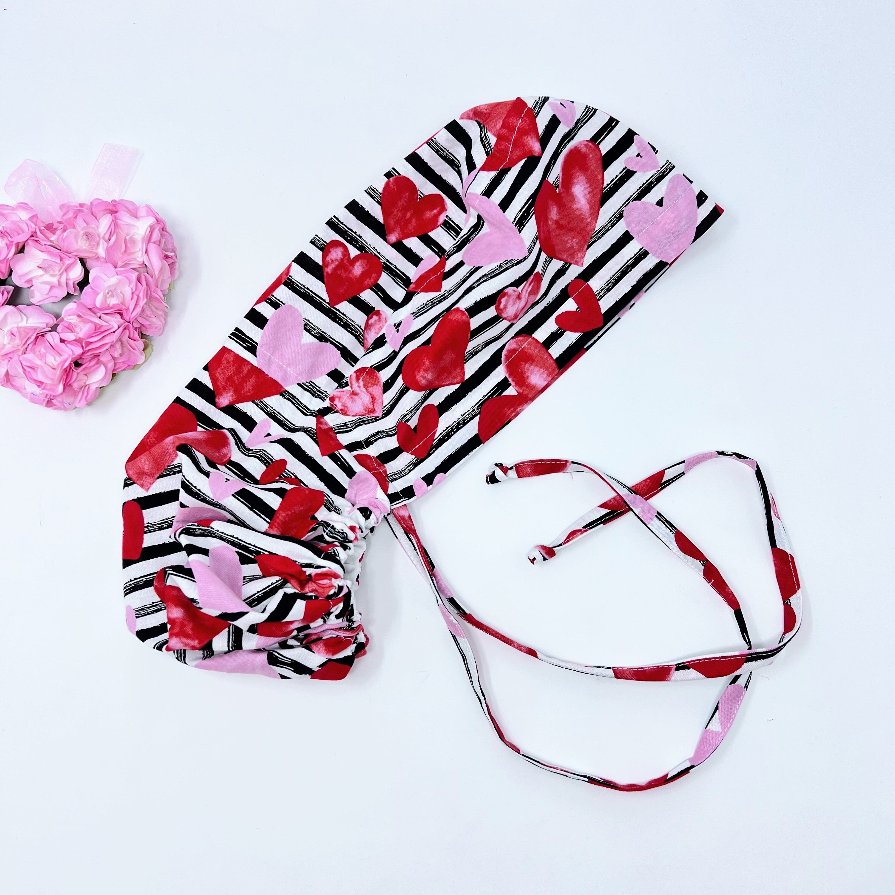 Valentine's day Ponytail scrub cap for women with satin lined option by Paradise Caps.