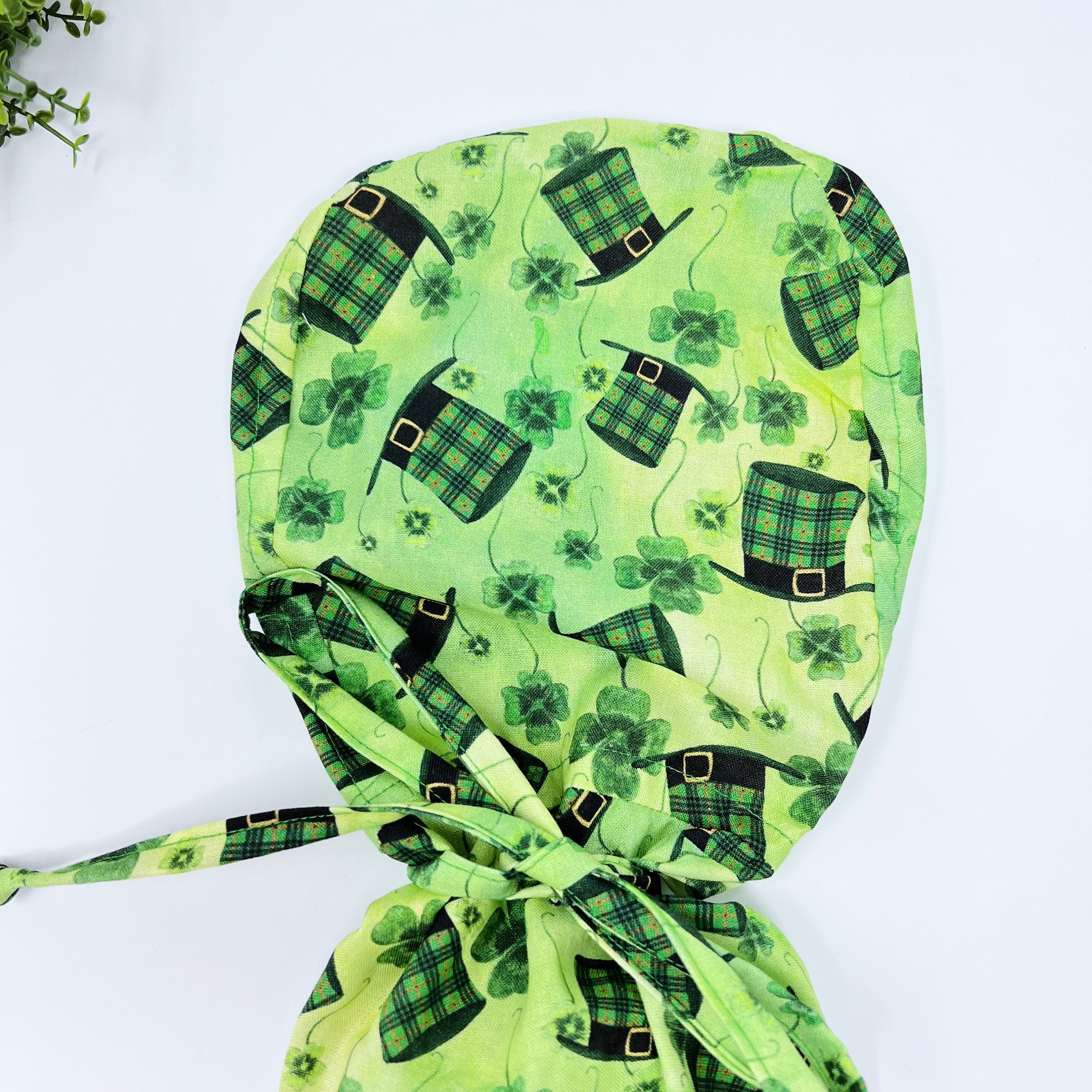 St. Patrick's Day Ponytail scrub cap for women with satin lined option by Paradise Caps.