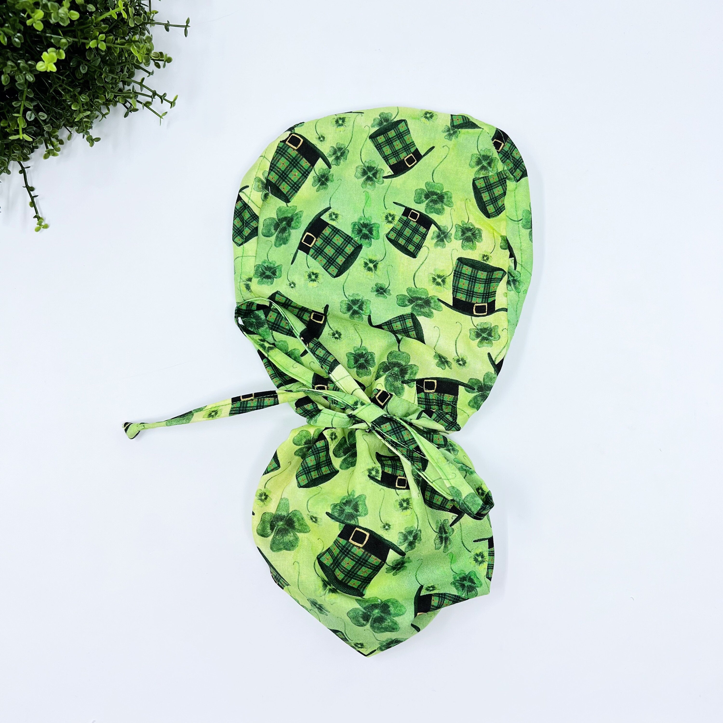 St. Patrick's Day Ponytail scrub cap for women with satin lined option by Paradise Caps.
