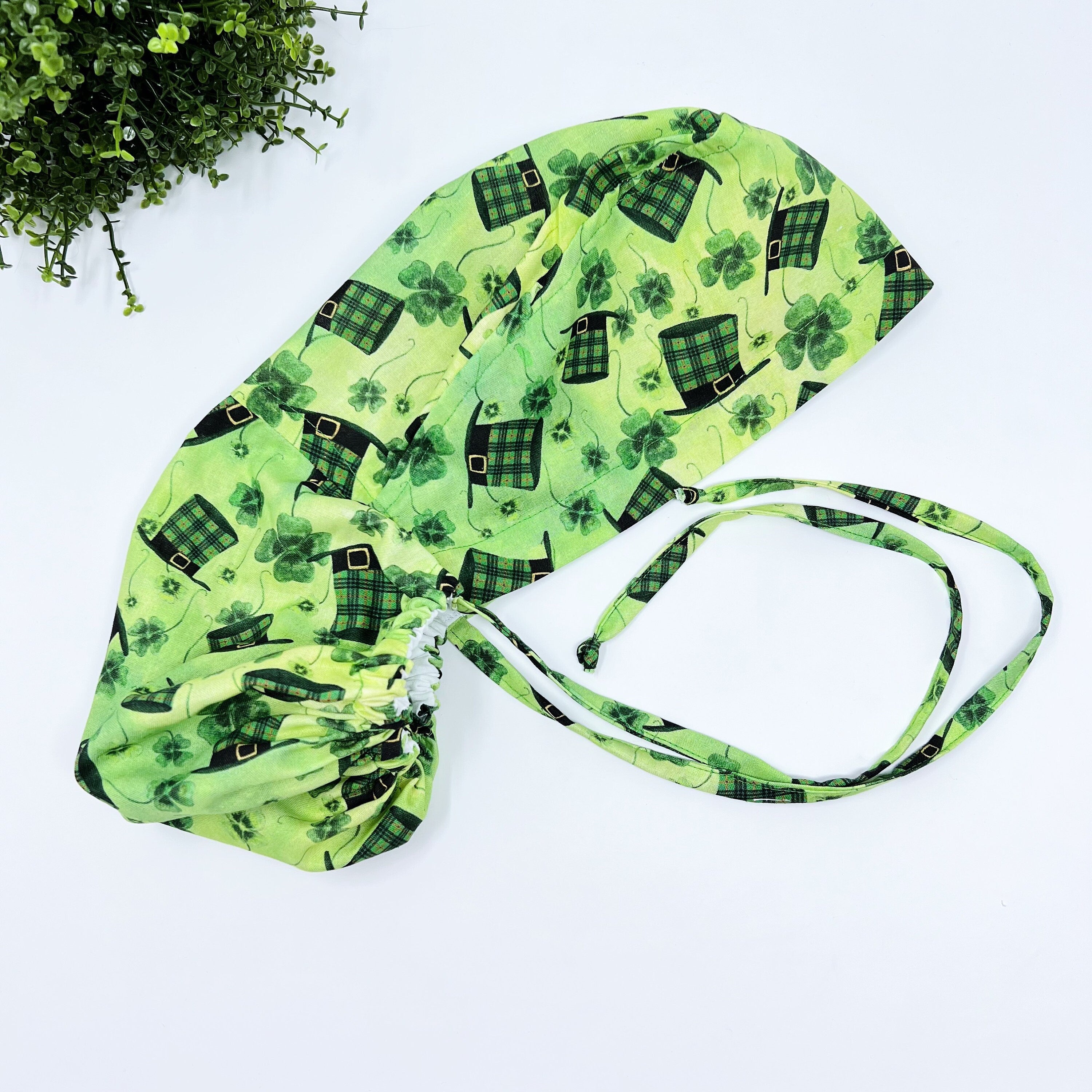St. Patrick's Day Ponytail scrub cap for women with satin lined option by Paradise Caps.