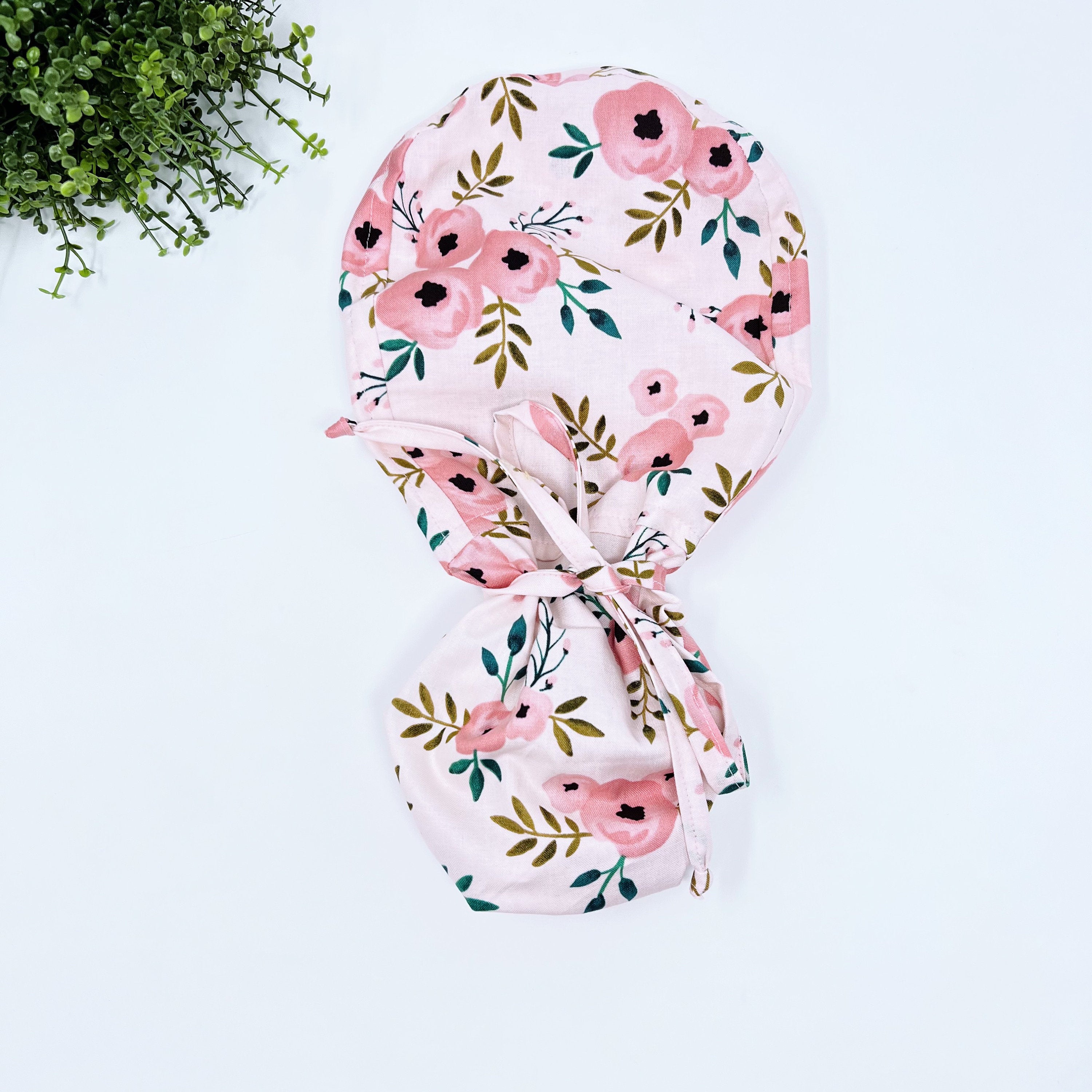Floral ponytail scrub cap, Summer scrub cap with ponytail holder.