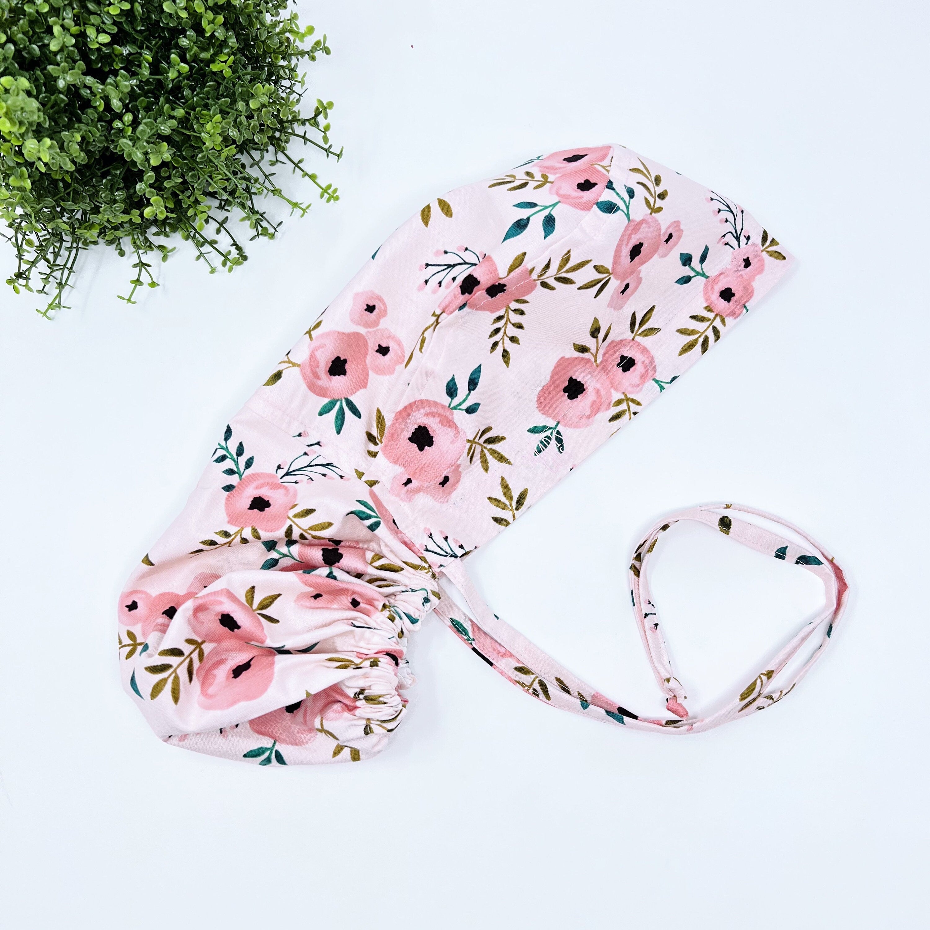 Floral ponytail scrub cap, Summer scrub cap with ponytail holder.