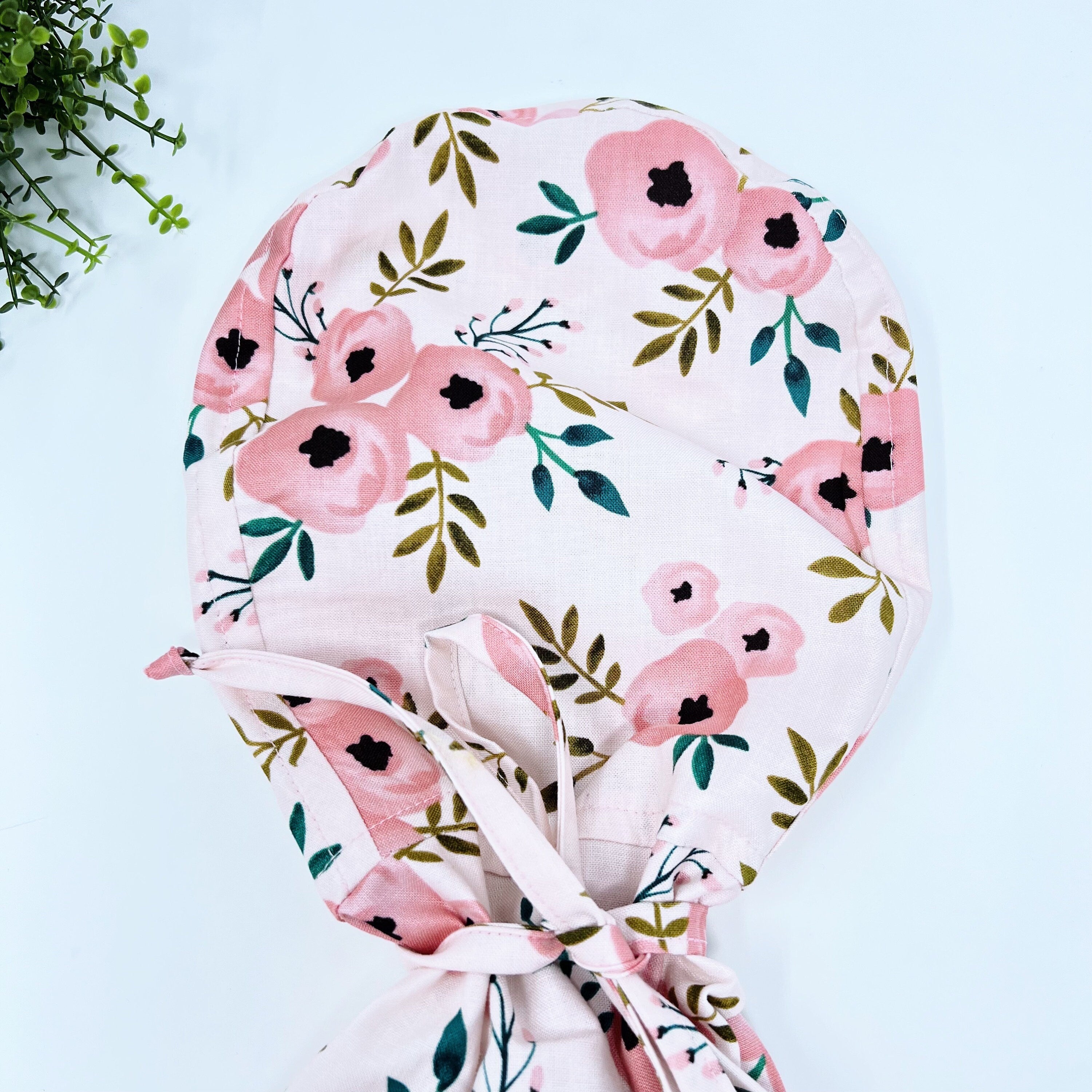 Floral ponytail scrub cap, Summer scrub cap with ponytail holder.