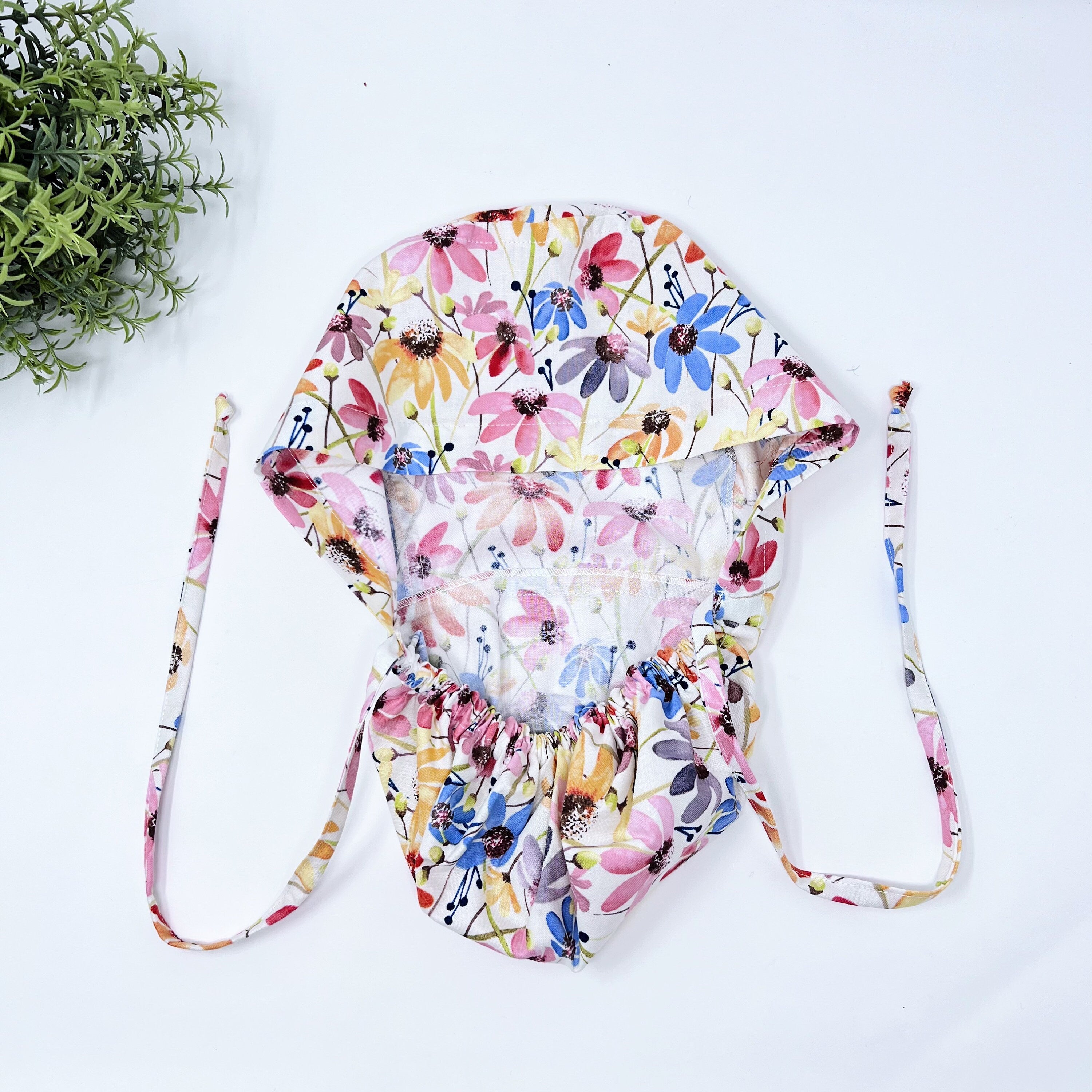 Floral ponytail scrub cap, Summer scrub cap with ponytail holder. Satin Lined Option.