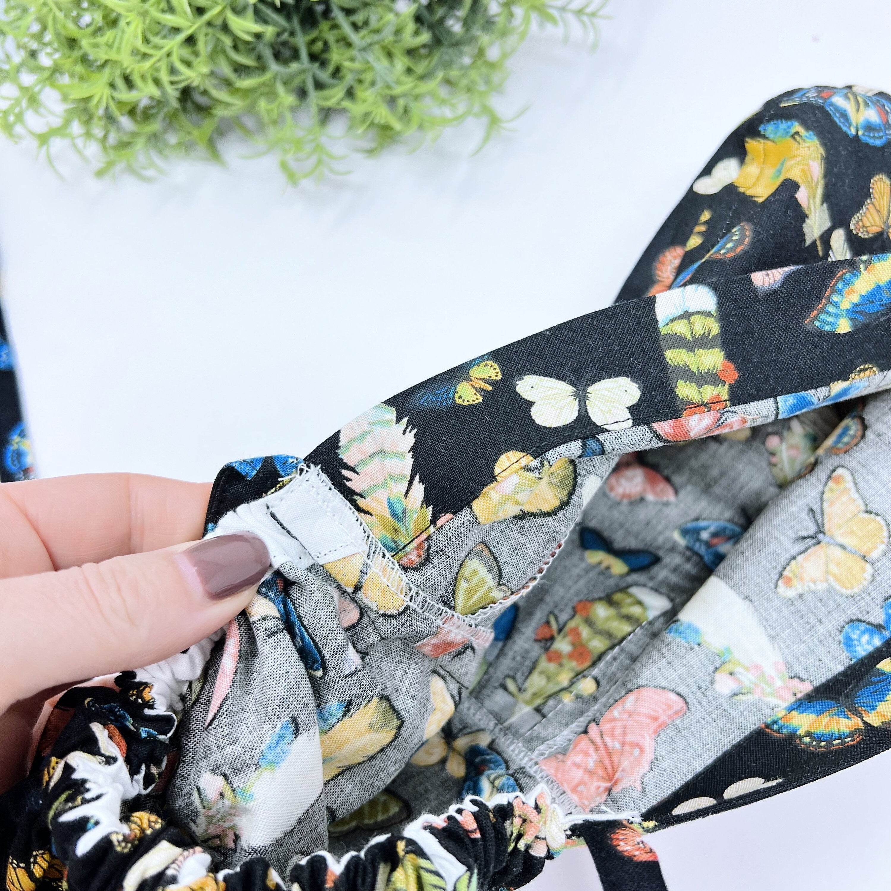 Butterflies Ponytail scrub cap for women with satin lined option by Paradise Caps.