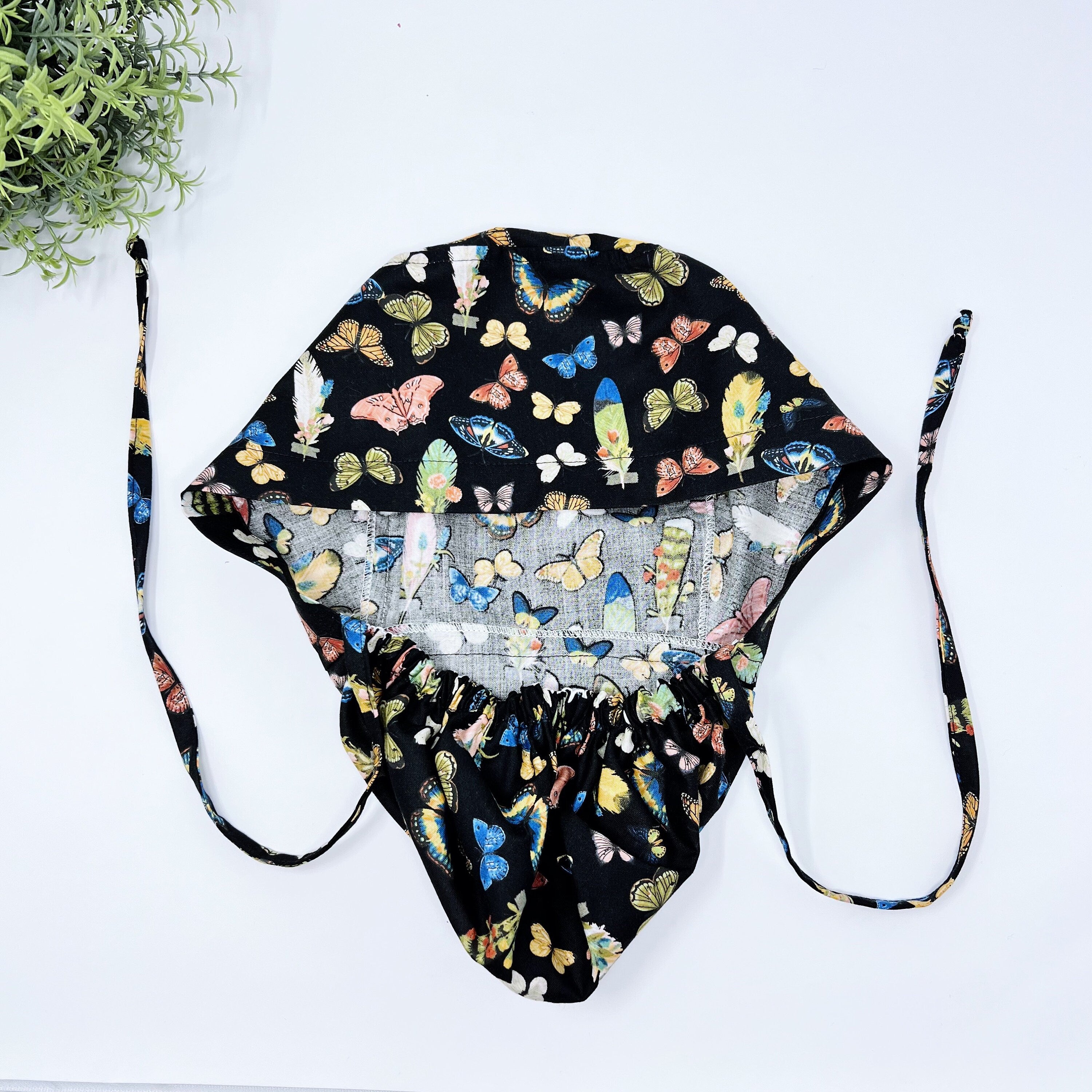 Butterflies Ponytail scrub cap for women with satin lined option by Paradise Caps.