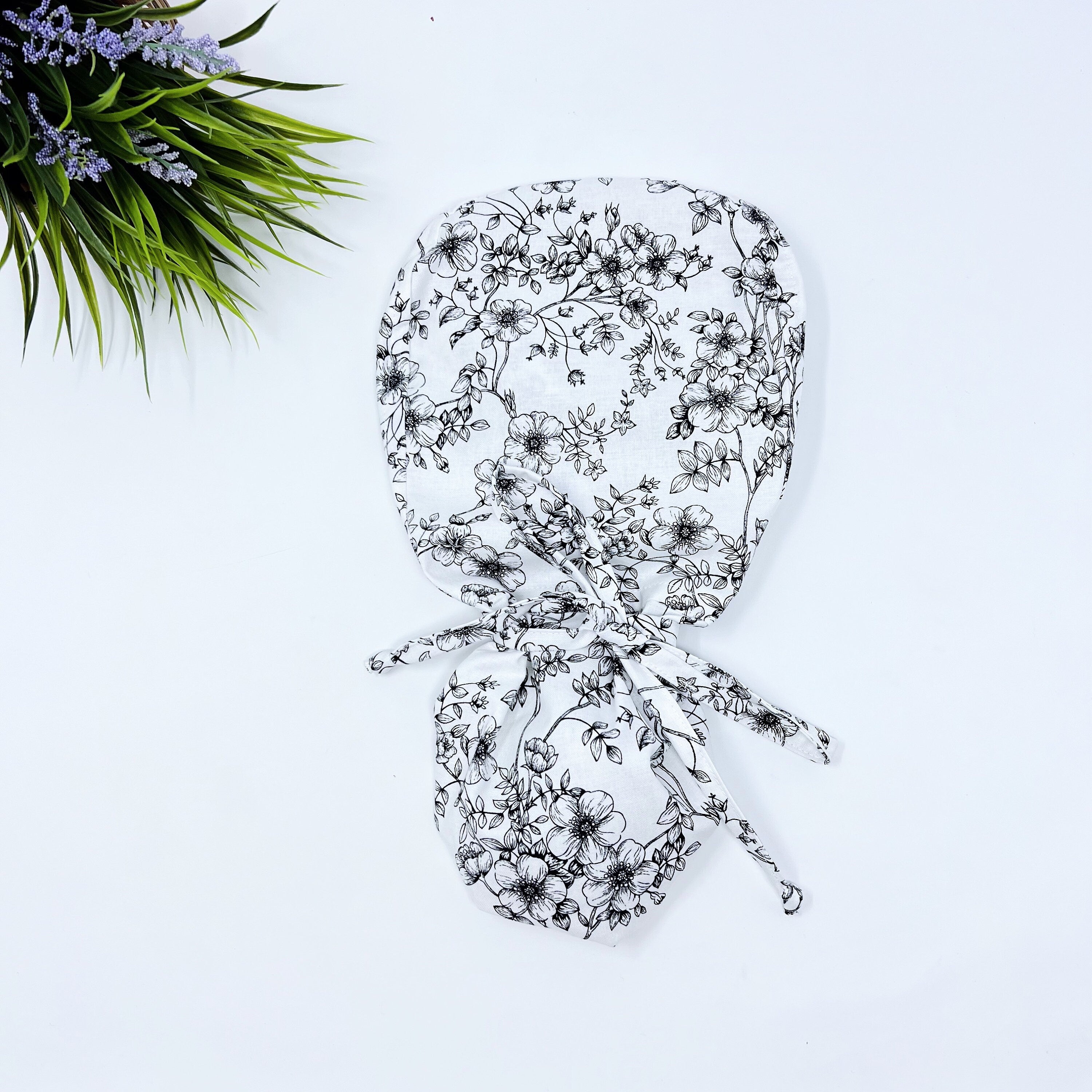 Floral ponytail scrub cap, Summer scrub cap with ponytail holder.
